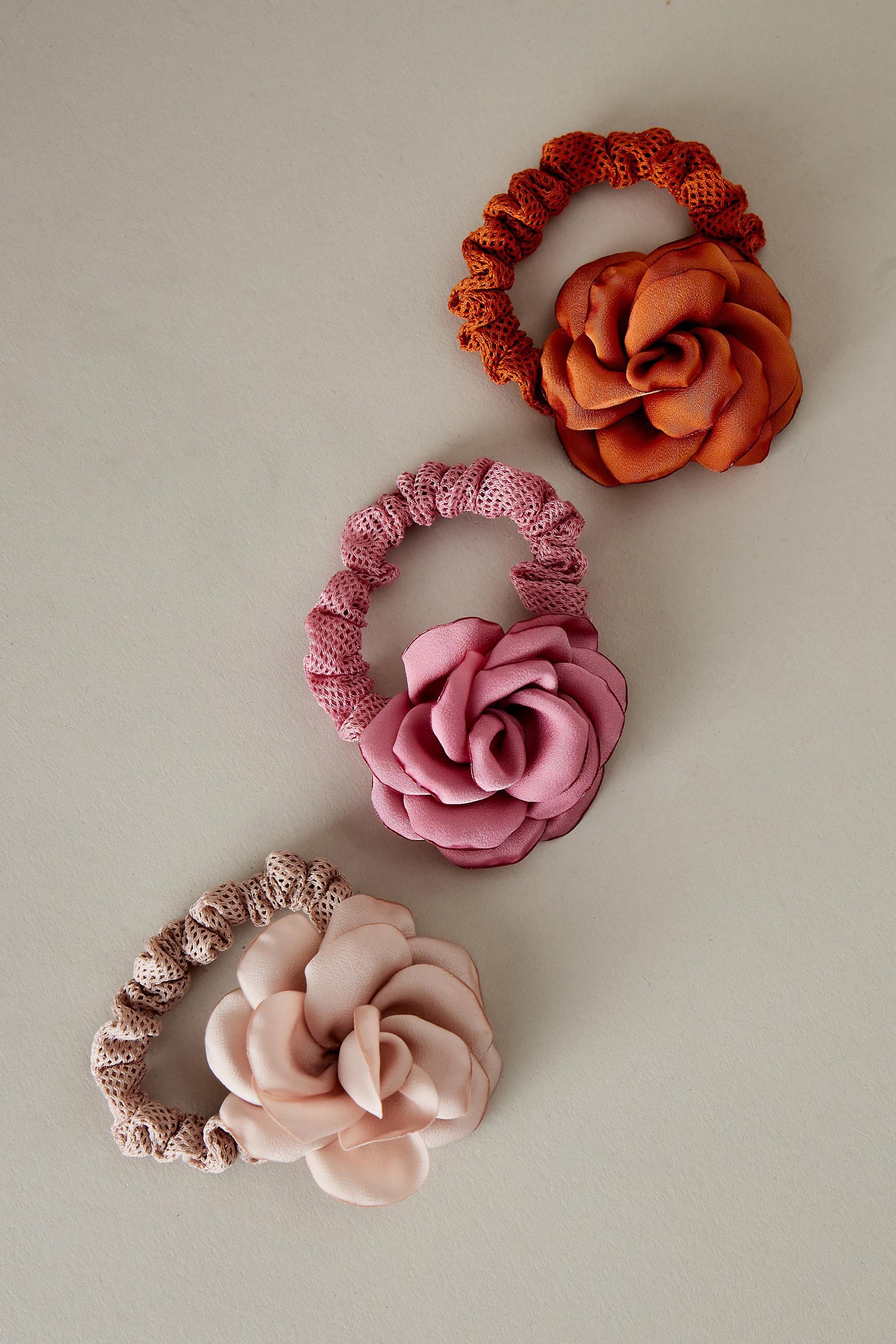 Flower Hair Bobbles, Set Of 3, Pink, , medium