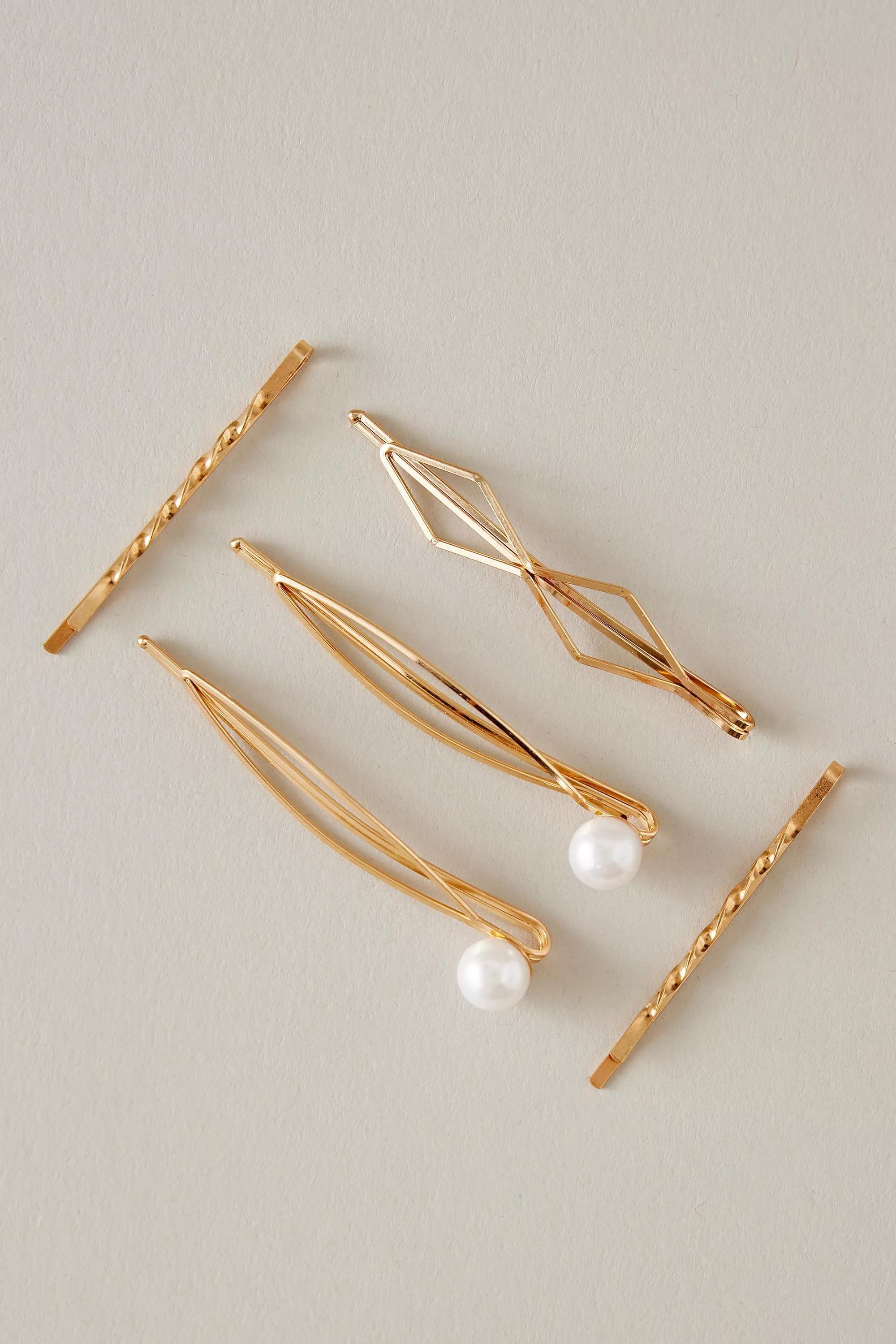 Pearl Hair Clips, Set Of 5, Gold, A501_0070, large image number 0