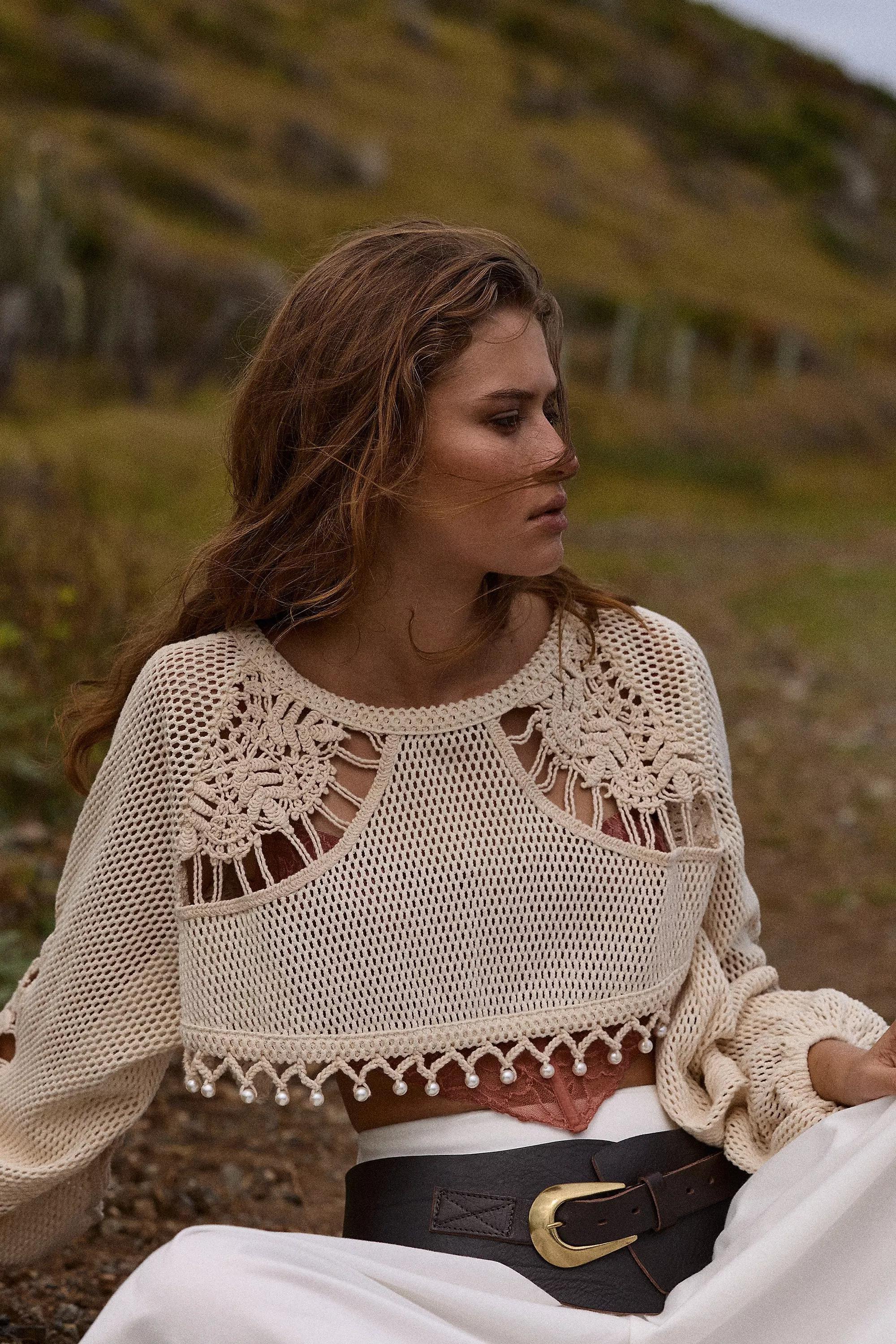 Anthropologie Crochet Blouse, Cream, , large image number 0