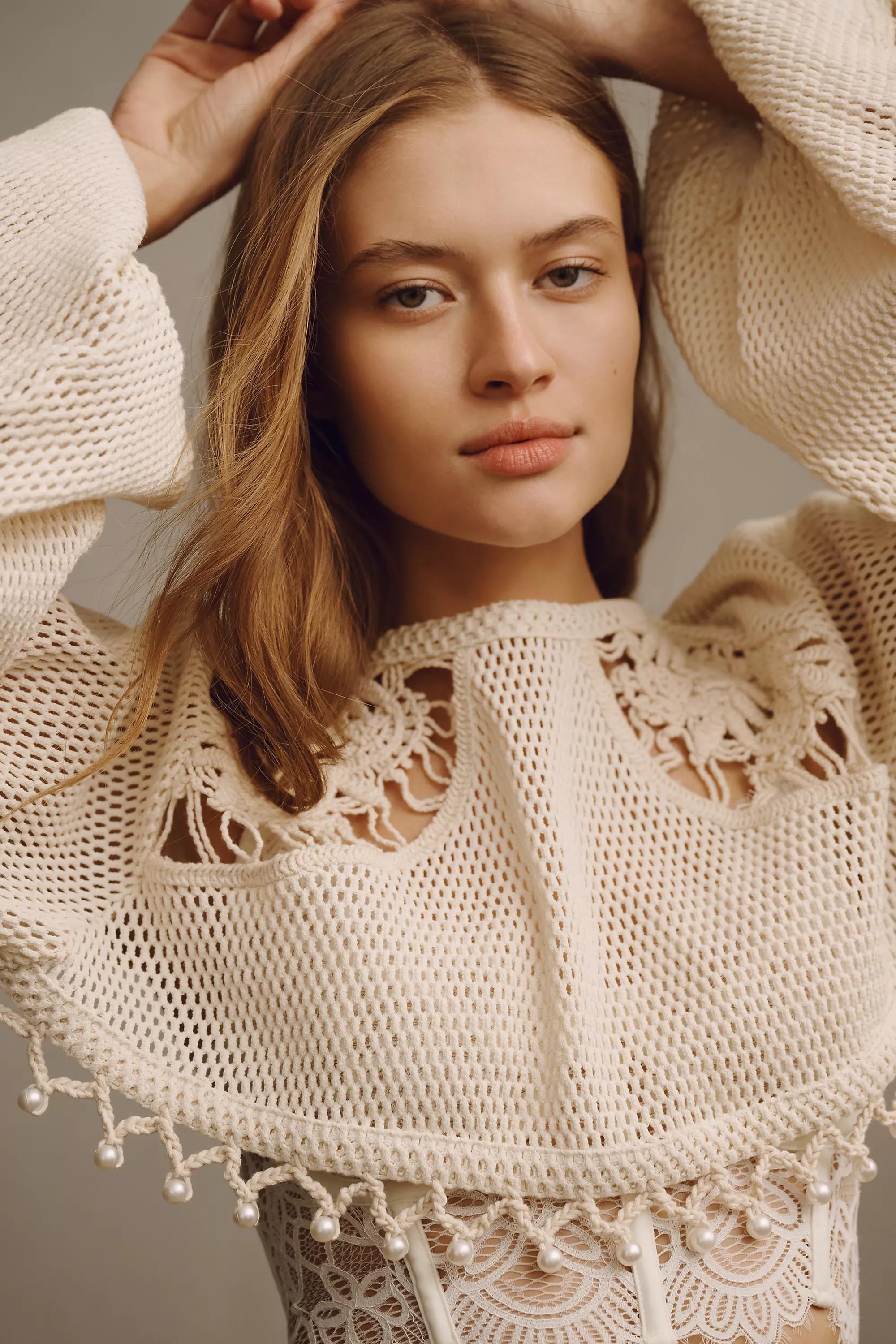 Anthropologie Crochet Blouse, Cream, , large image number 3