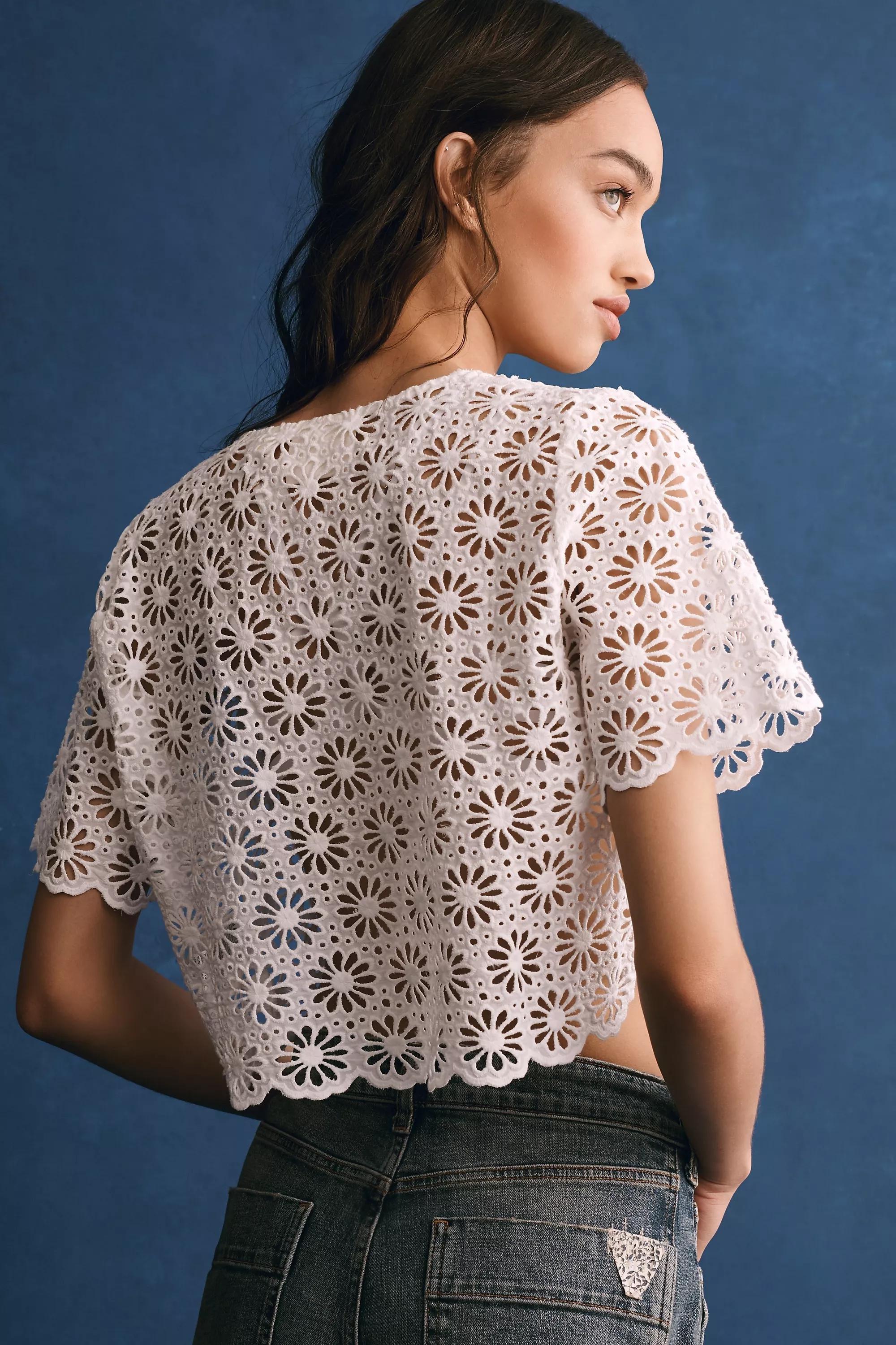 By Anthropologie Broderie Anglaise Tie-Font Top, Ivory, A501_0011, large image number 1