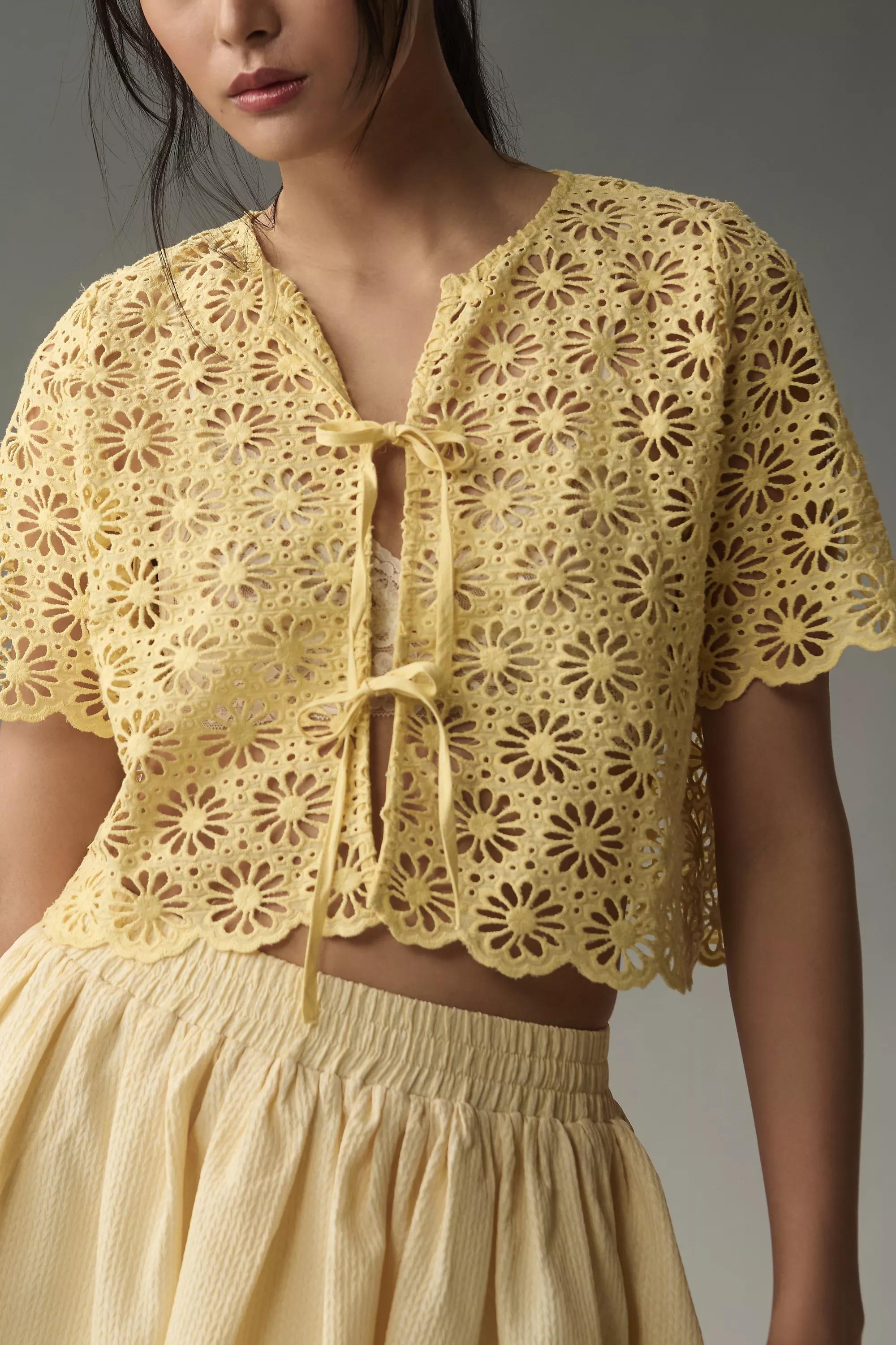 By Anthropologie Broderie Anglaise Tie-Font Top, Yellow, A501_0073, medium