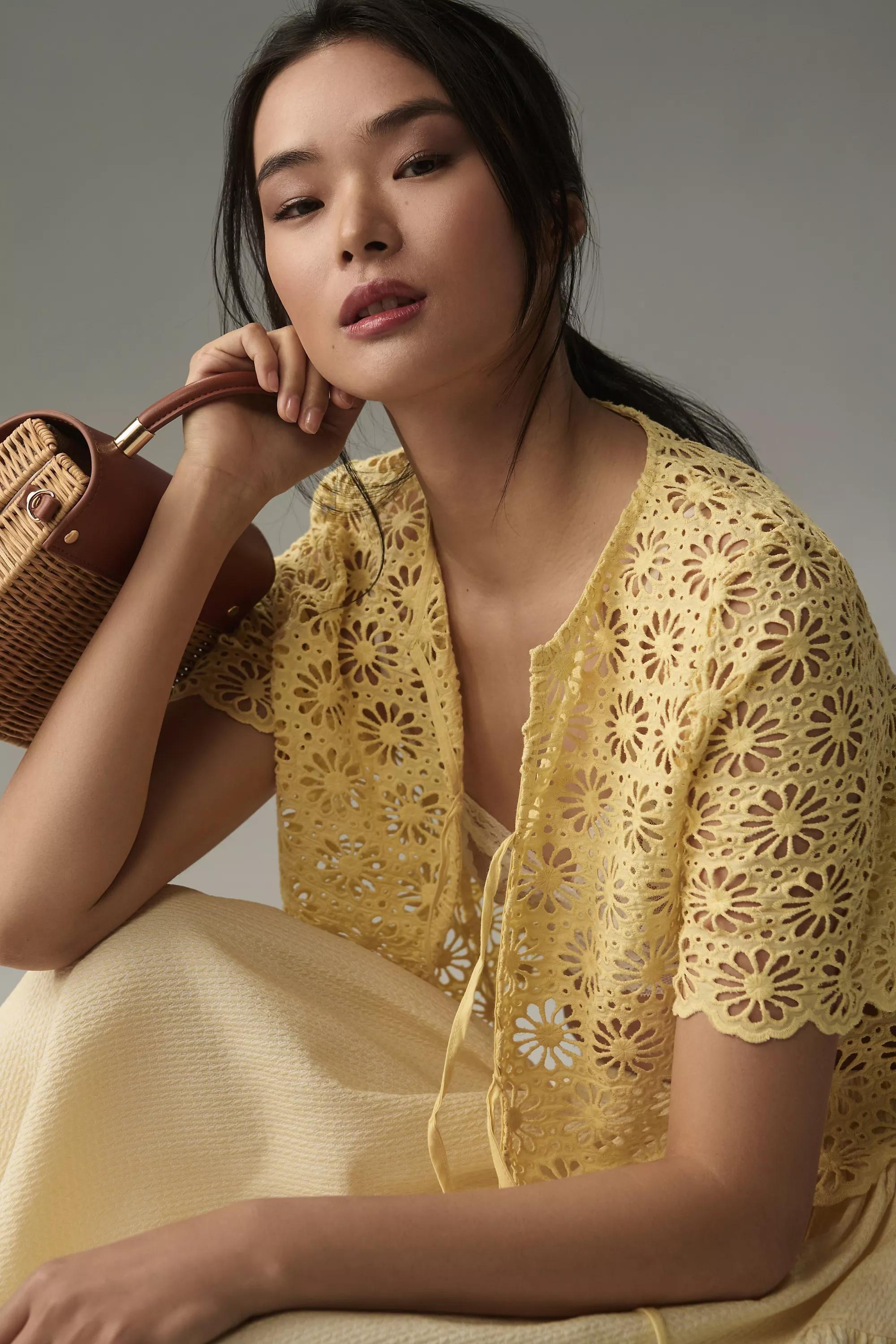 By Anthropologie Broderie Anglaise Tie-Font Top, Yellow, A501_0073, large image number 3