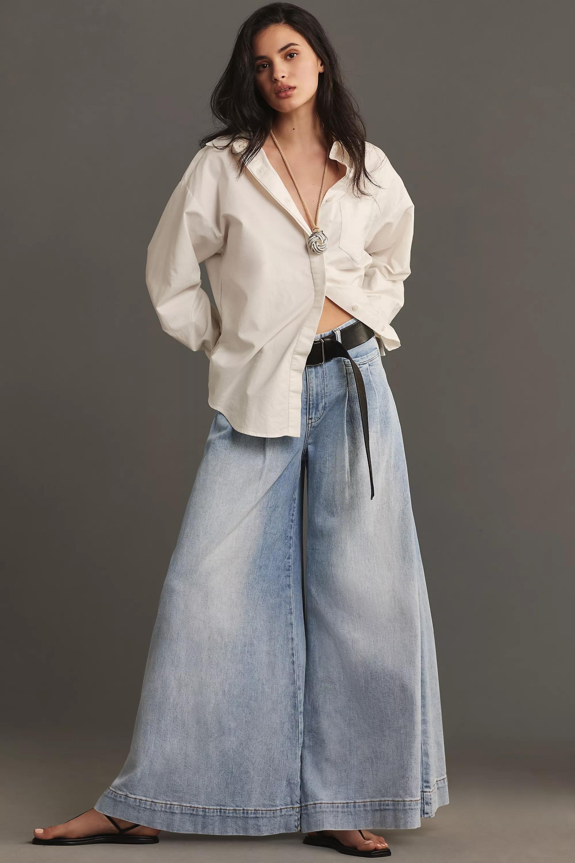 Pilcro Pleated Palazzo Wide-Leg Jeans, Blue, , large image number 1