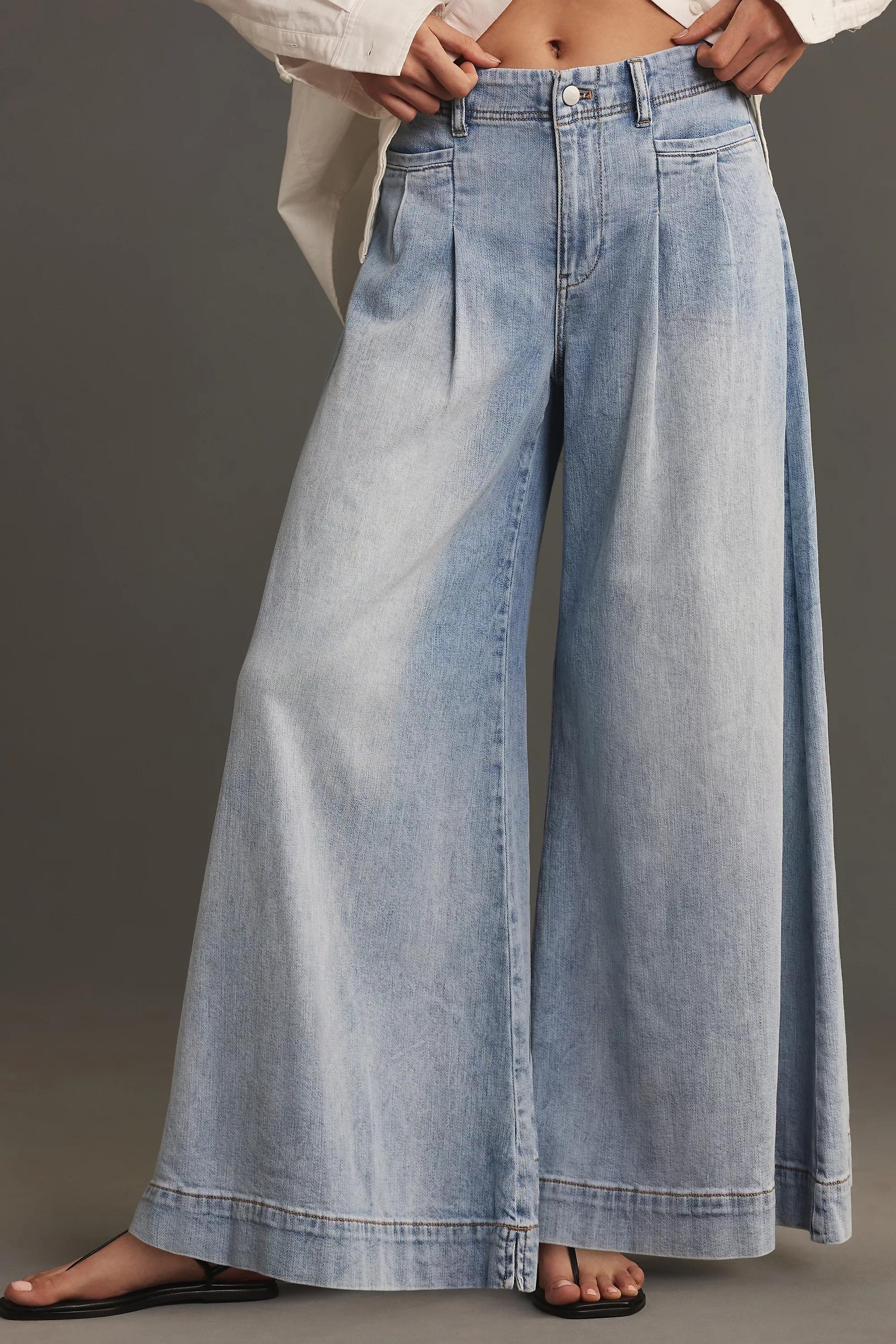Pilcro Pleated Palazzo Wide-Leg Jeans, Blue, , large image number 5