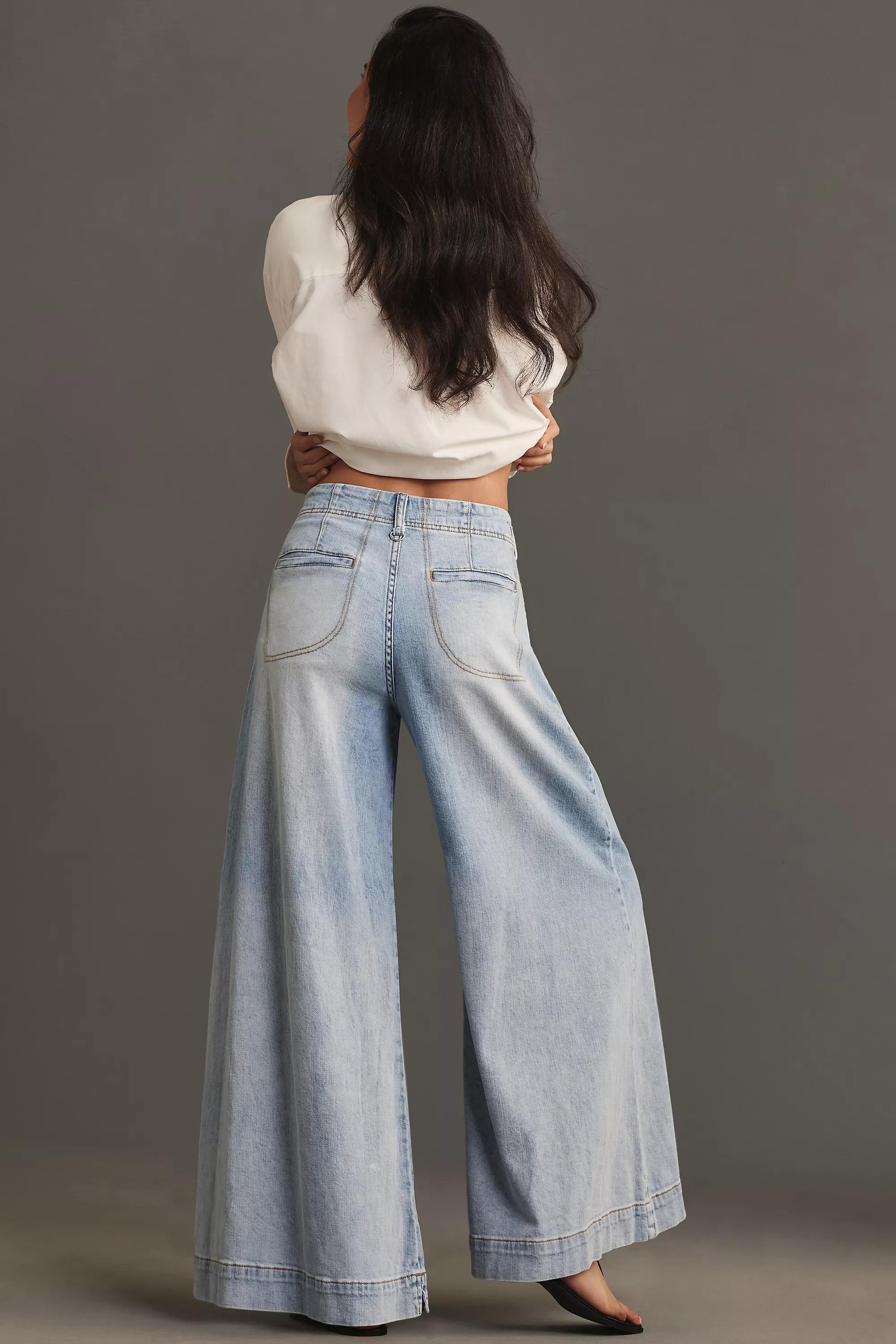 Pilcro Pleated Palazzo Wide-Leg Jeans, Blue, , large image number 7