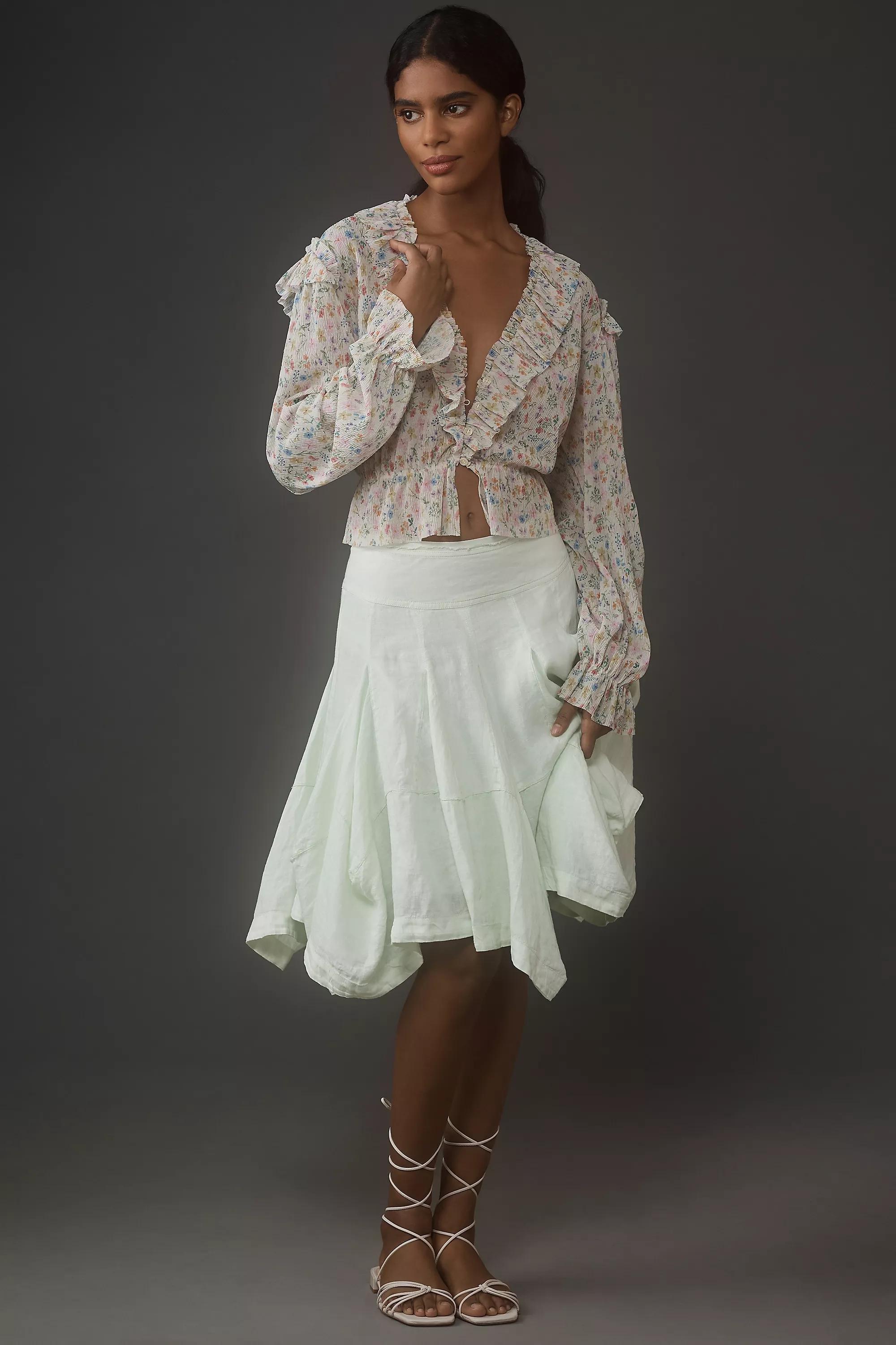 By Anthropologie Floral Long-Sleeve Ruffle Blouse, Beige, , large image number 0