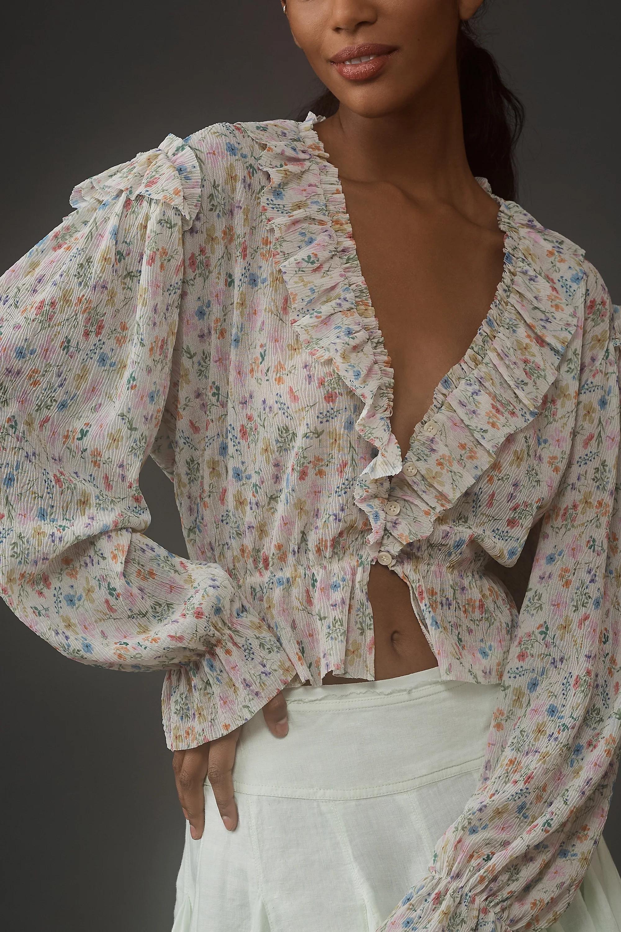 By Anthropologie Floral Long-Sleeve Ruffle Blouse, Beige, , large image number 1
