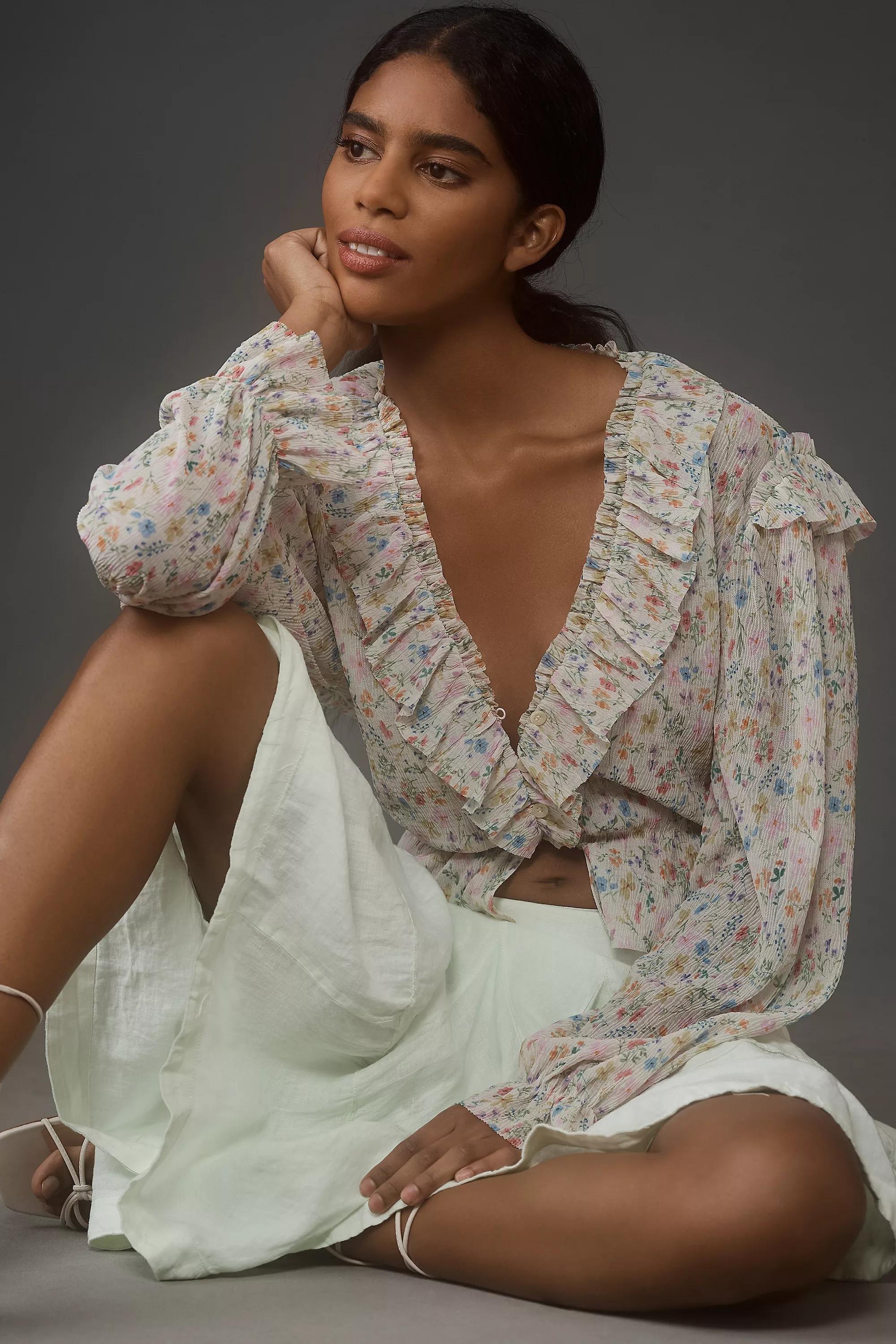 By Anthropologie Floral Long-Sleeve Ruffle Blouse, Beige, , large image number 2