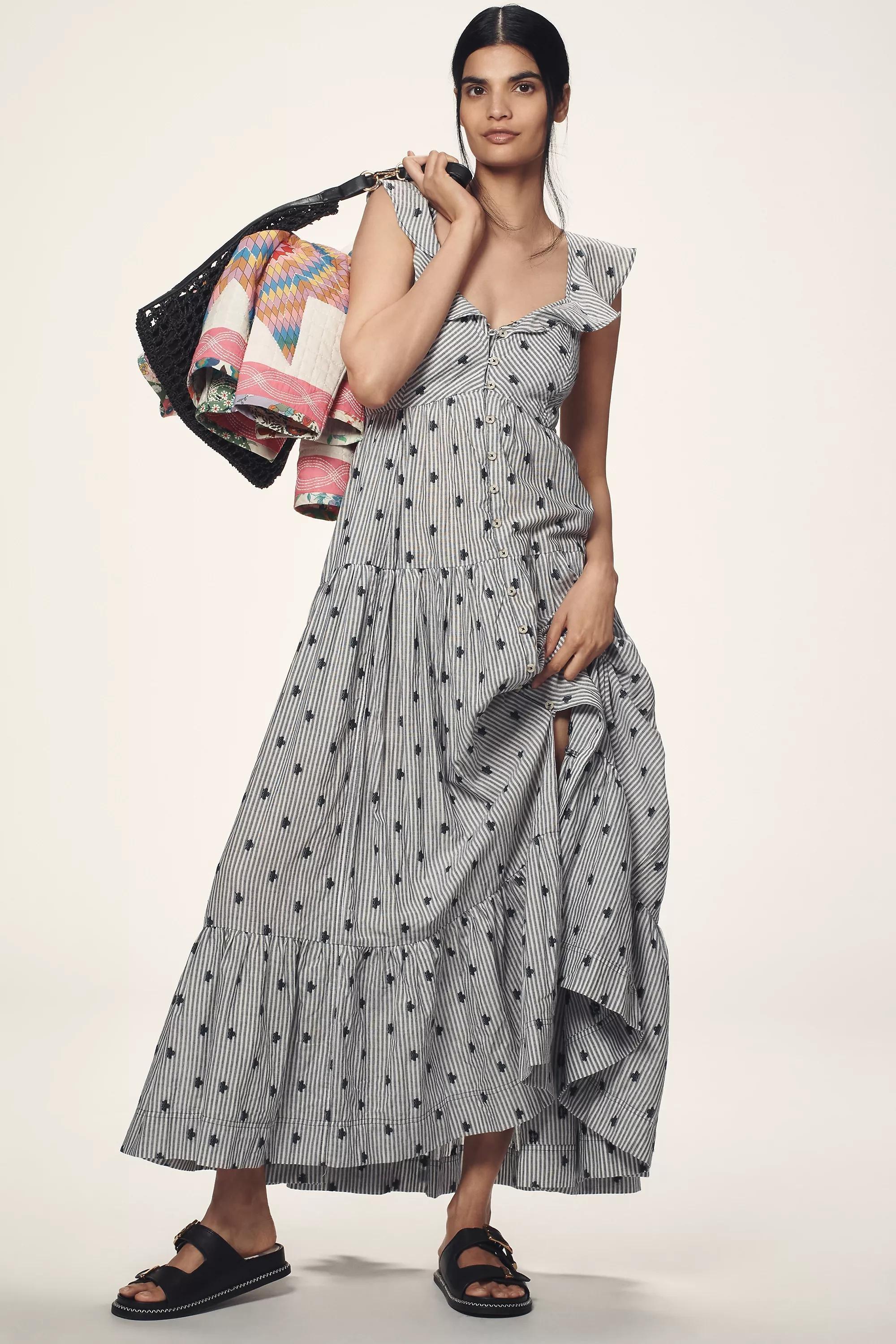 By Pilcro Flutter-Sleeve Button-Front Tiered Maxi Dress, Blue, , large image number 0