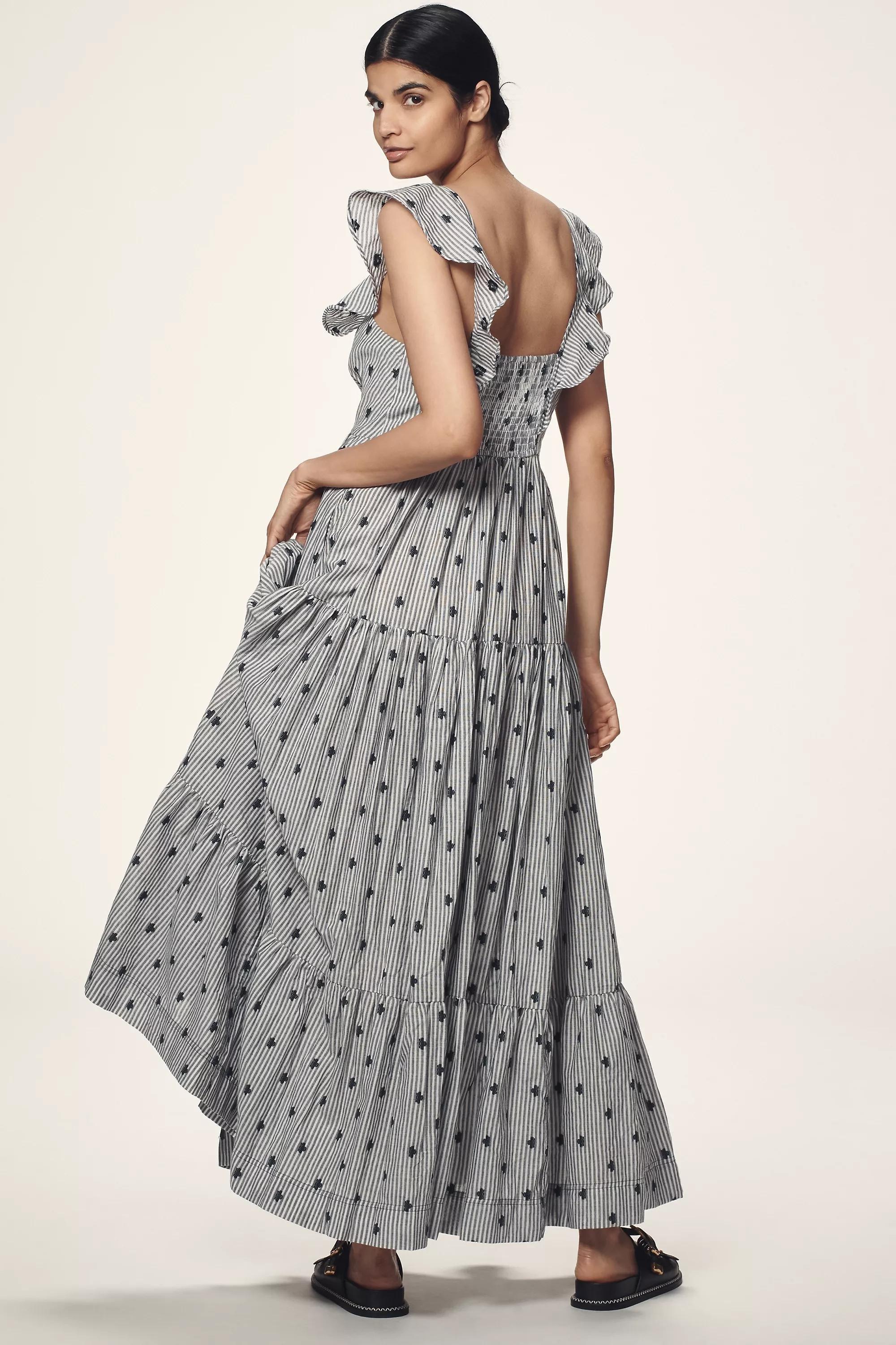By Pilcro Flutter-Sleeve Button-Front Tiered Maxi Dress, Blue, , large image number 1