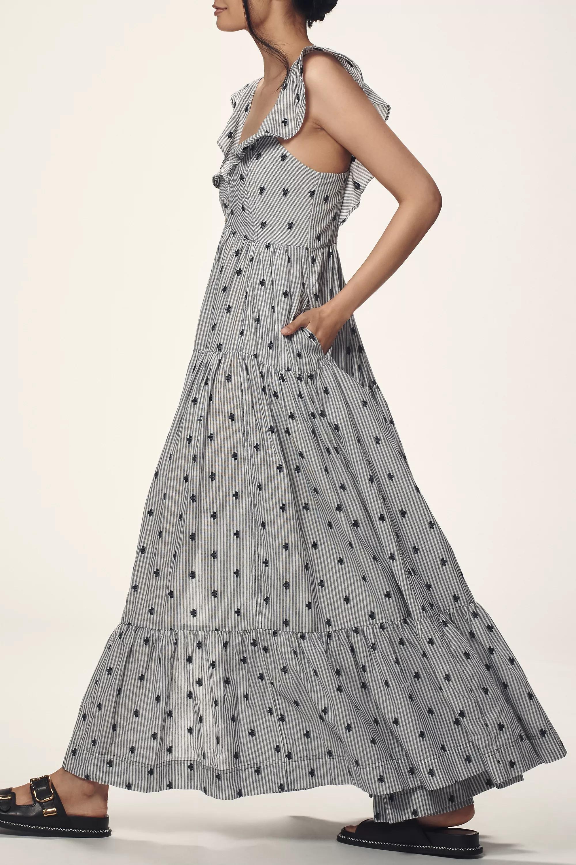 By Pilcro Flutter-Sleeve Button-Front Tiered Maxi Dress, Blue, , large image number 3