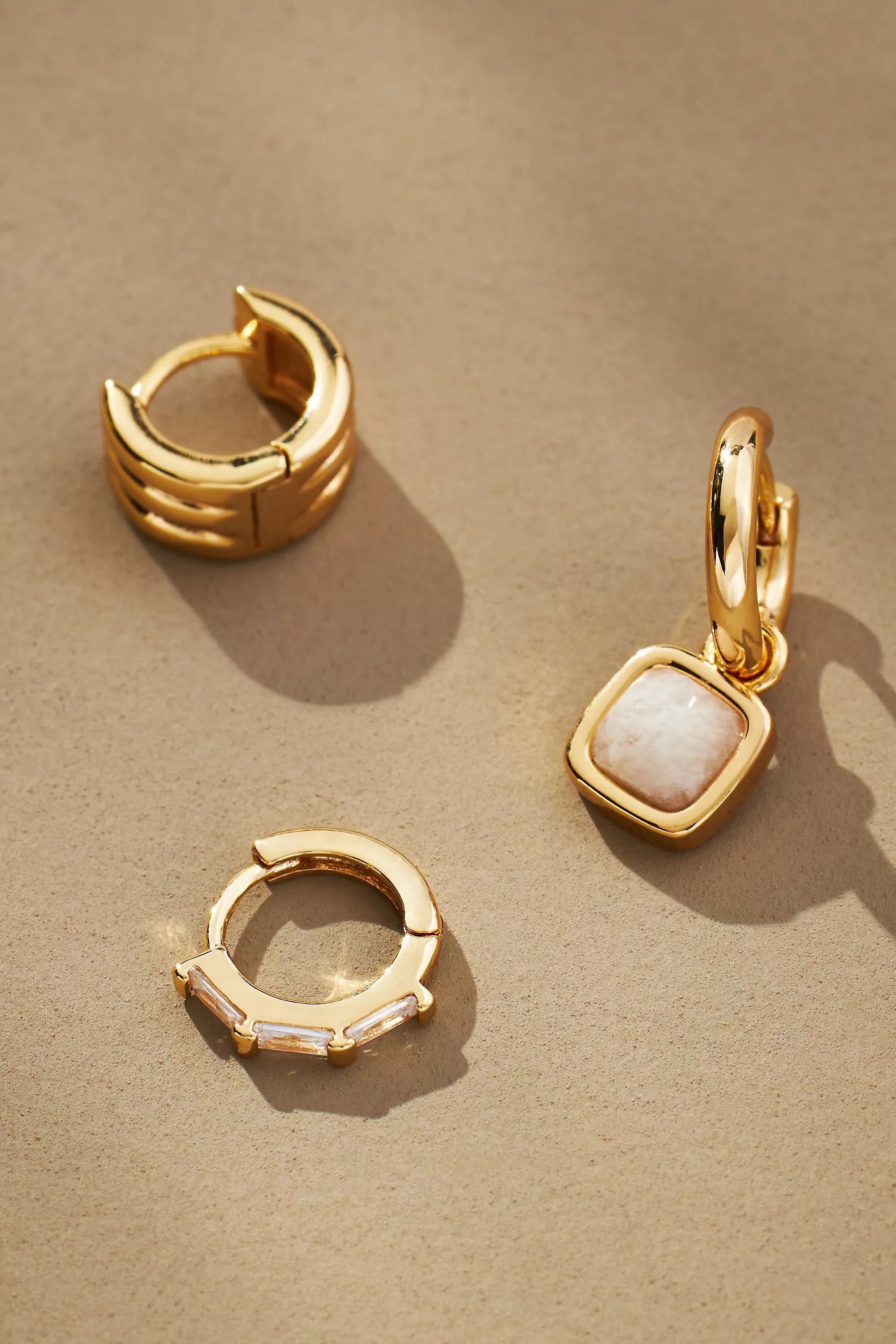 Ribbed Stone Huggie Earrings, Set Of 3, Pearl, A501_0017, large image number 1