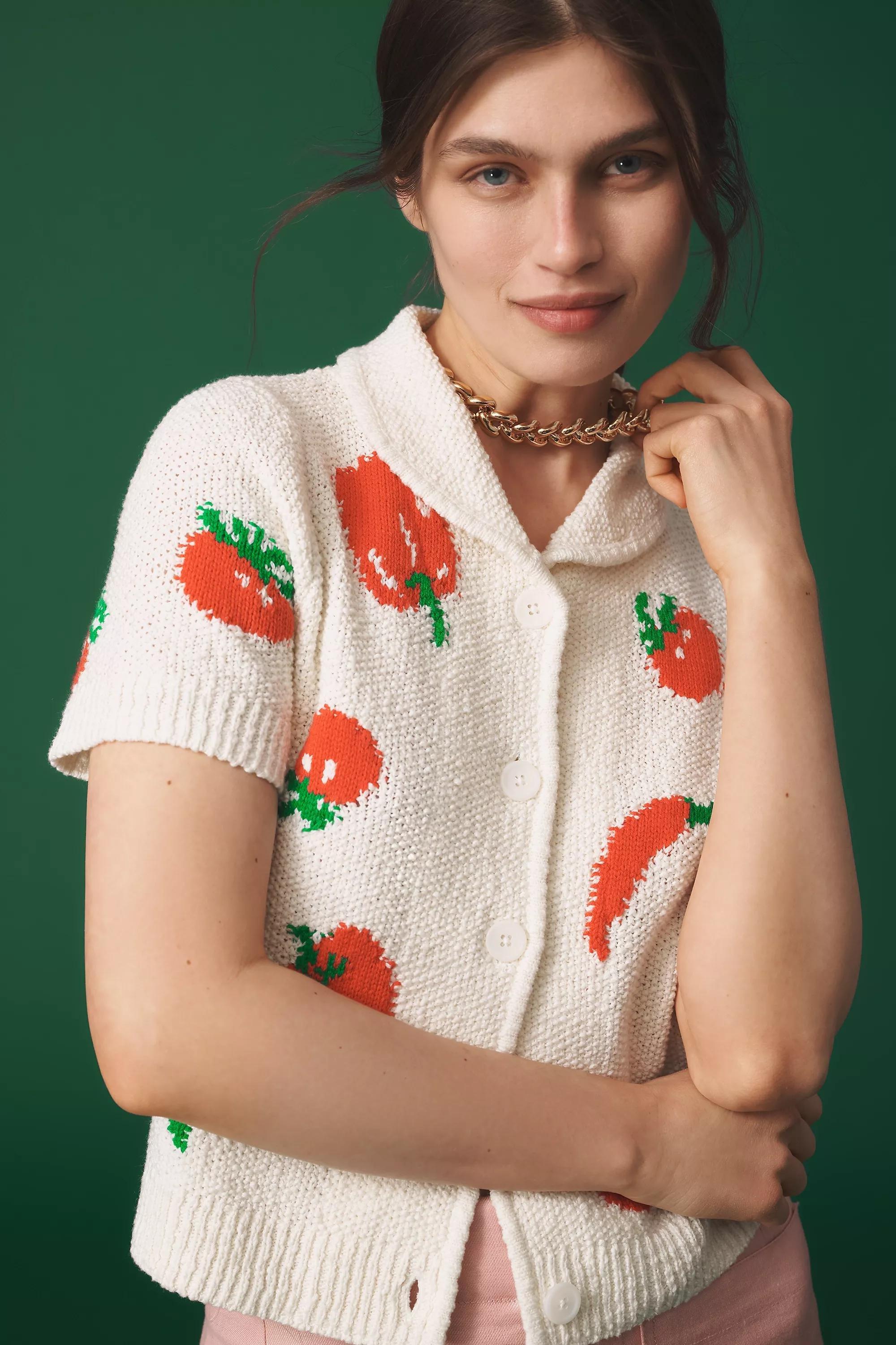 Red Maeve X Dylan Mierzwinski Short-Sleeve Jacquard Polo Cardigan, , large image number 0