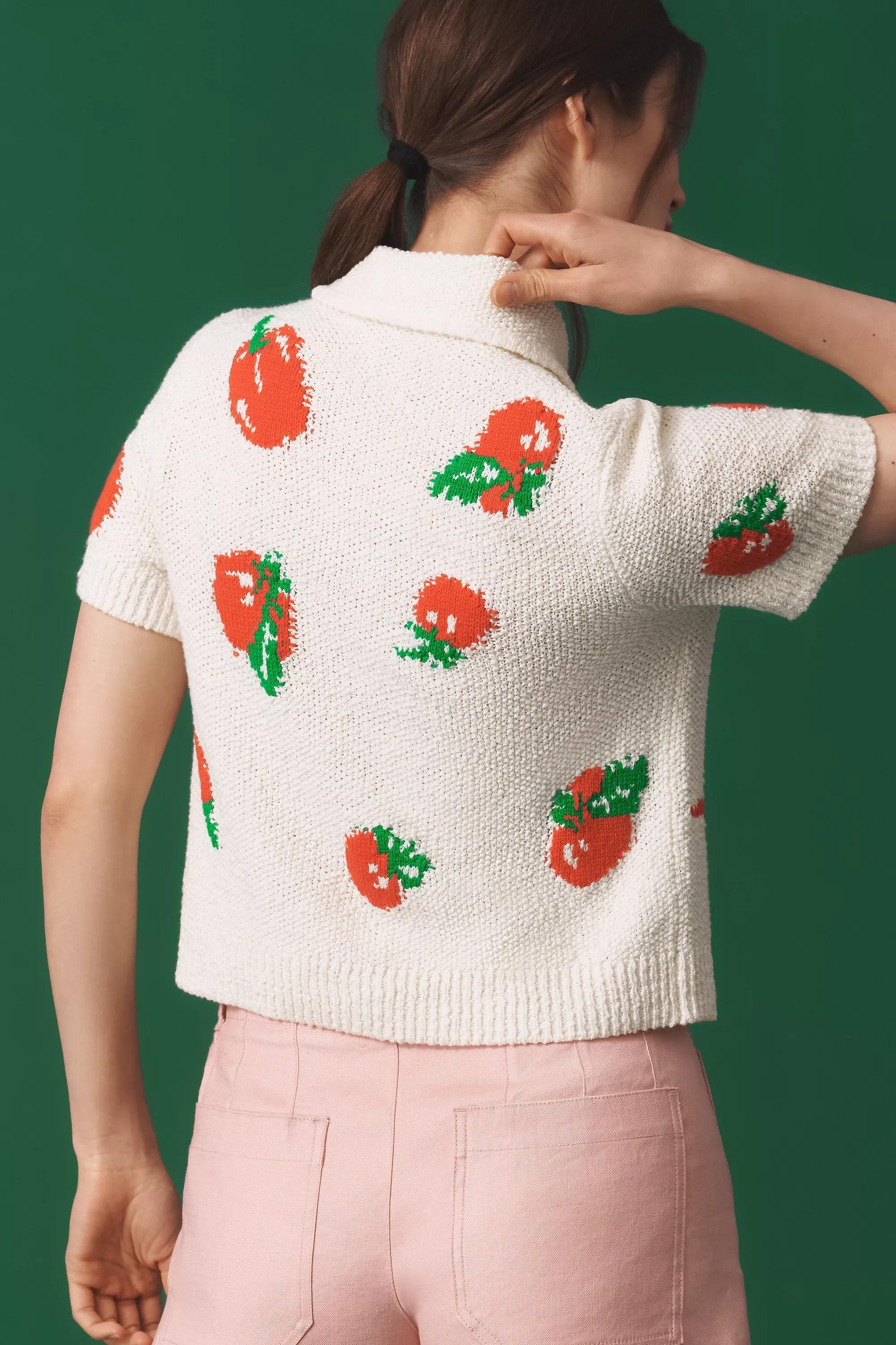 Red Maeve X Dylan Mierzwinski Short-Sleeve Jacquard Polo Cardigan, , large image number 1
