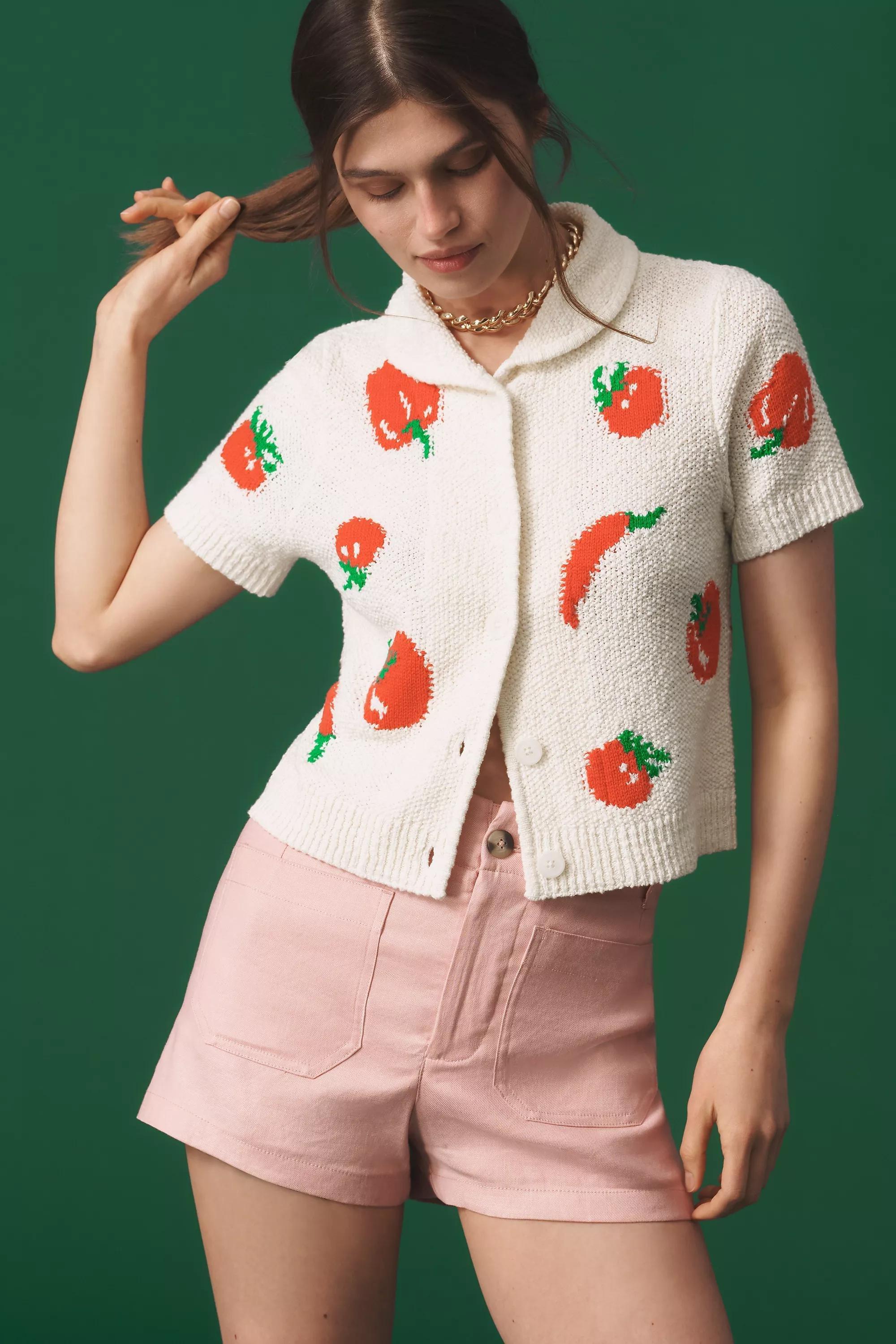 Red Maeve X Dylan Mierzwinski Short-Sleeve Jacquard Polo Cardigan, , large image number 3