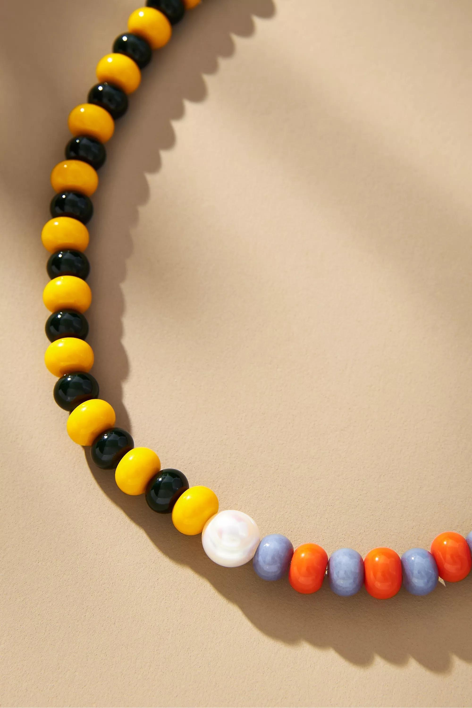 Gold-Plated Beaded Stripe Necklace, Yellow, A501_0072, large image number 1