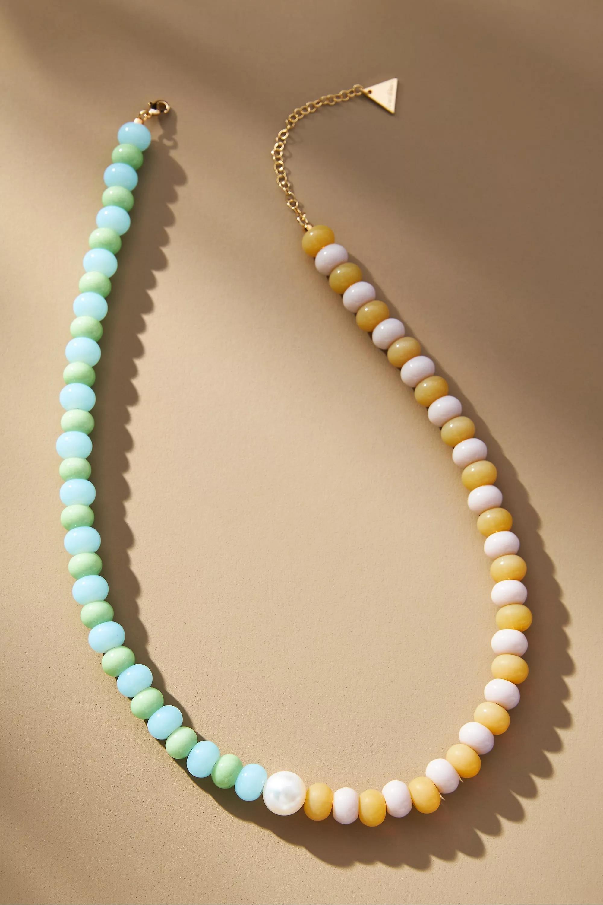 Gold-Plated Beaded Stripe Necklace, Green, A501_0102, large image number 0