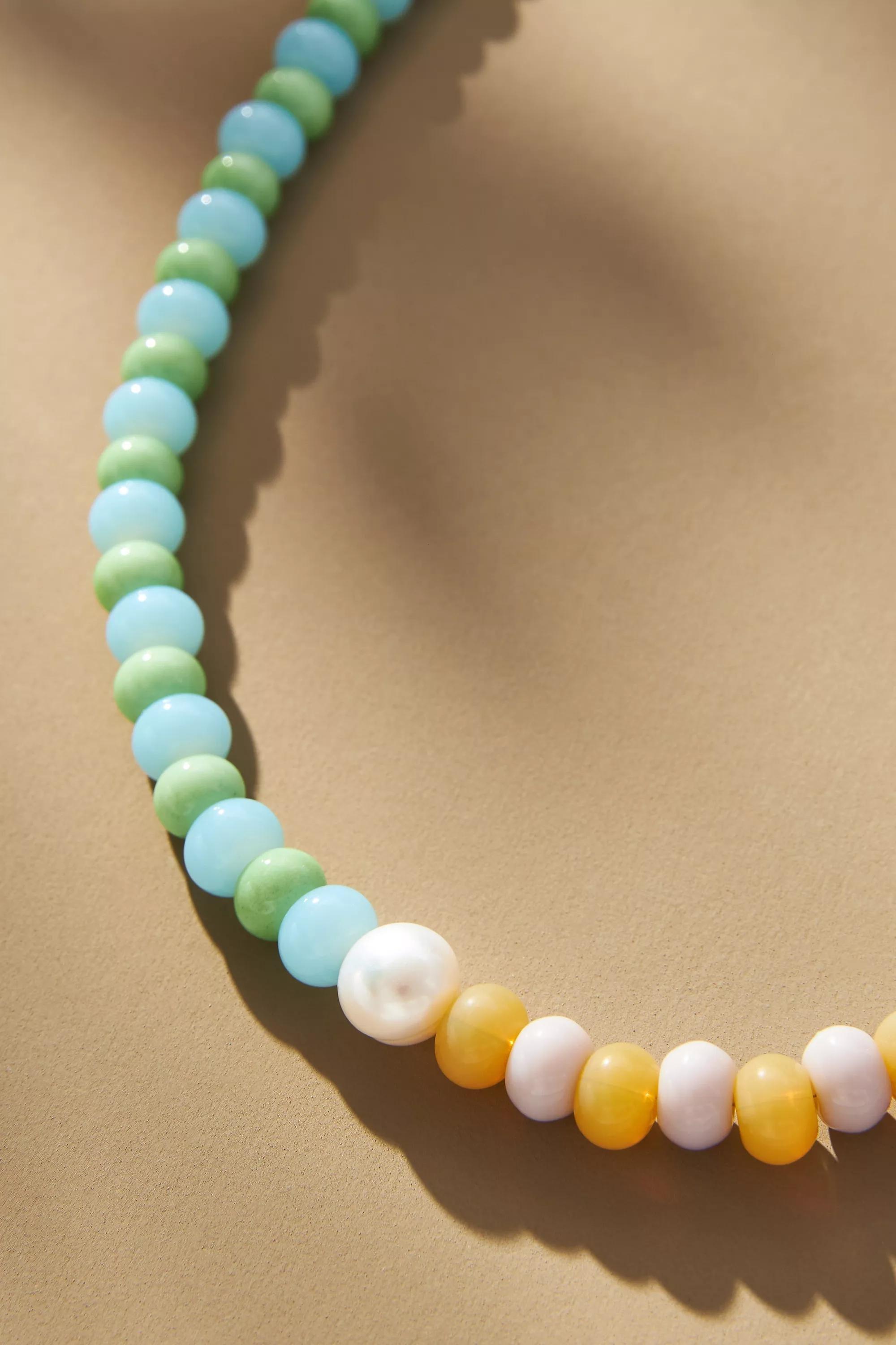 Gold-Plated Beaded Stripe Necklace, Green, A501_0102, large image number 1