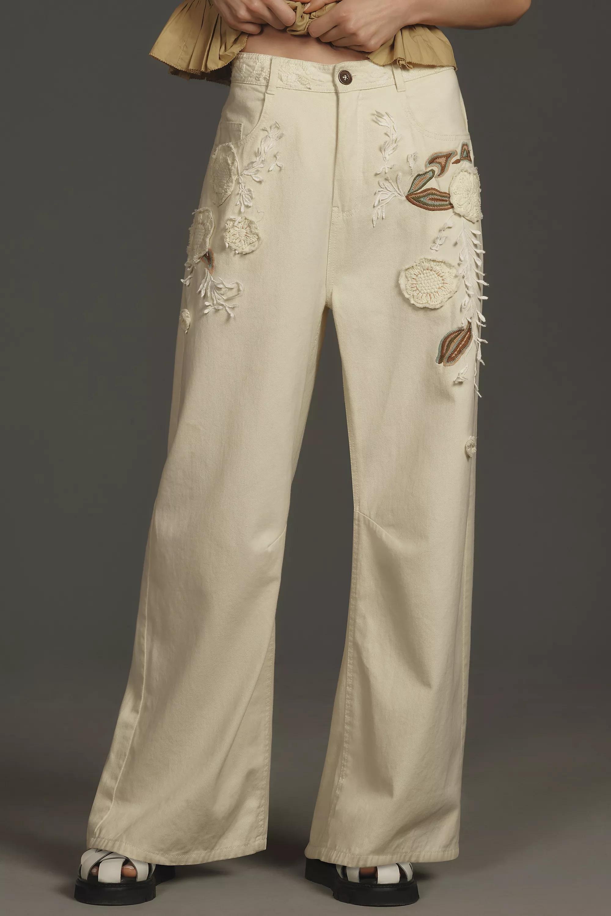 Anthropologie Floral Casual Trousers, Beige, , large image number 1