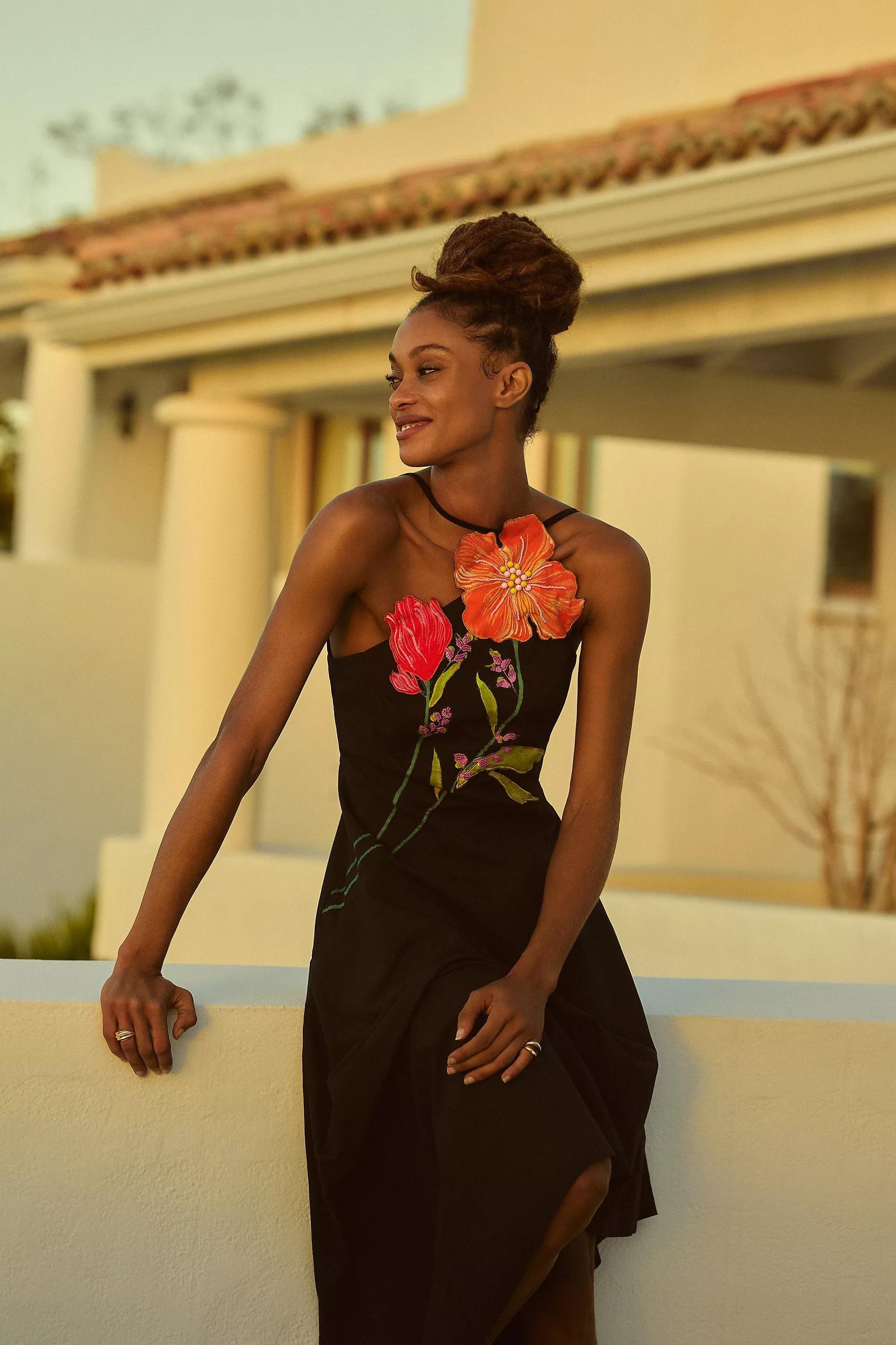 Anthropologie Embroidered Strapless Midi, Black, , large image number 1