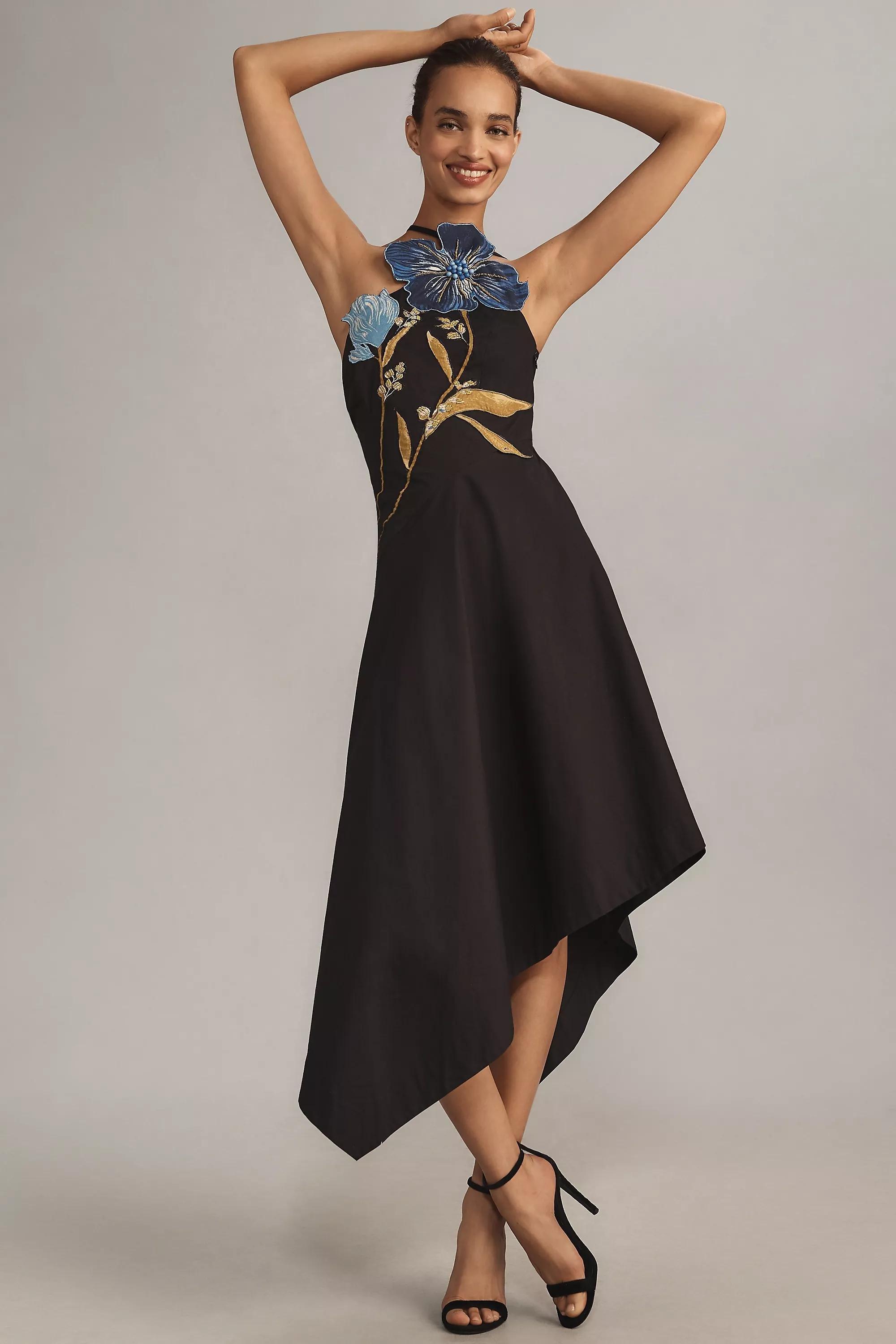 Anthropologie Embroidered Asymmetric Romantic Midi, Black, , medium
