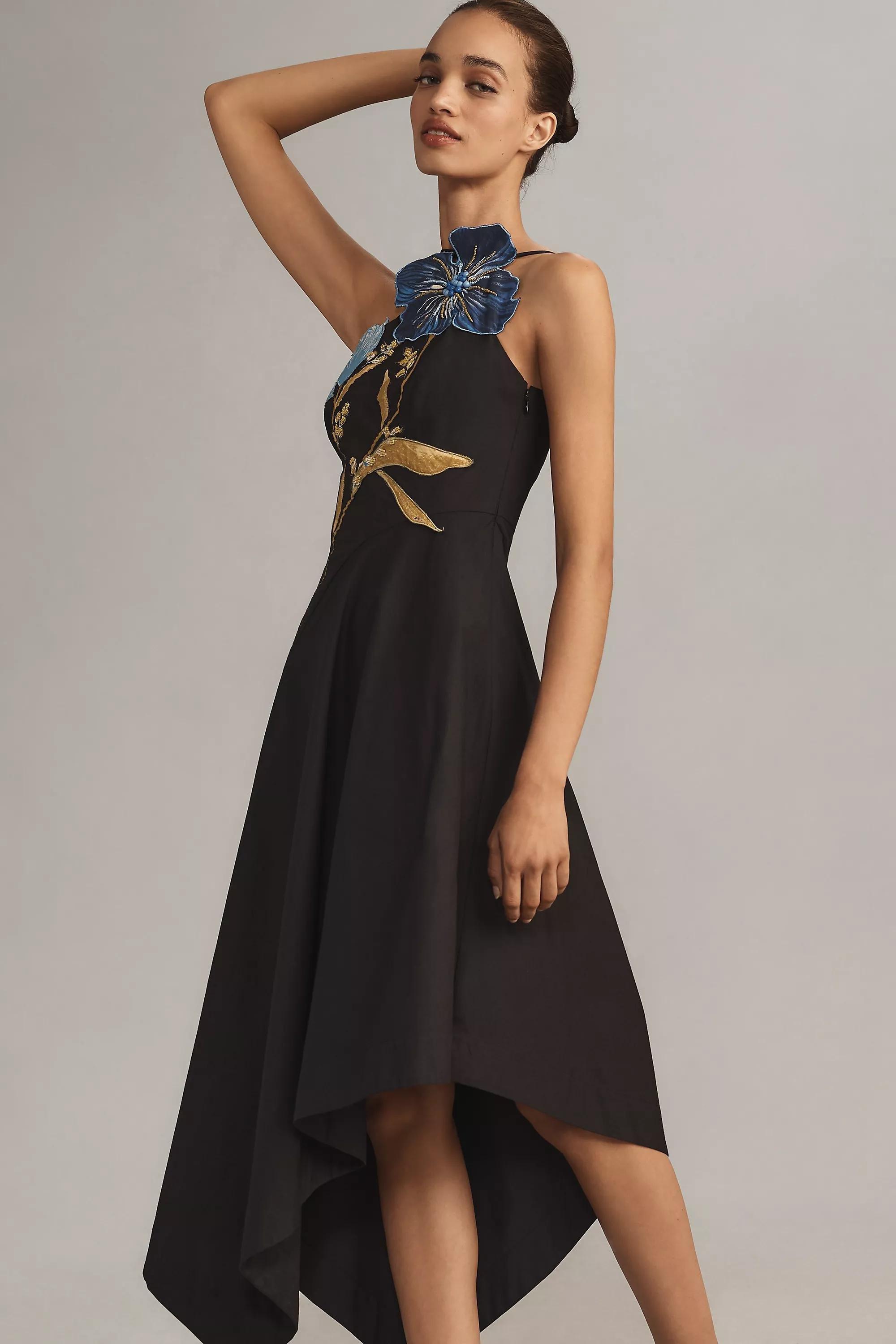 Anthropologie Embroidered Asymmetric Romantic Midi, Black, , large image number 3