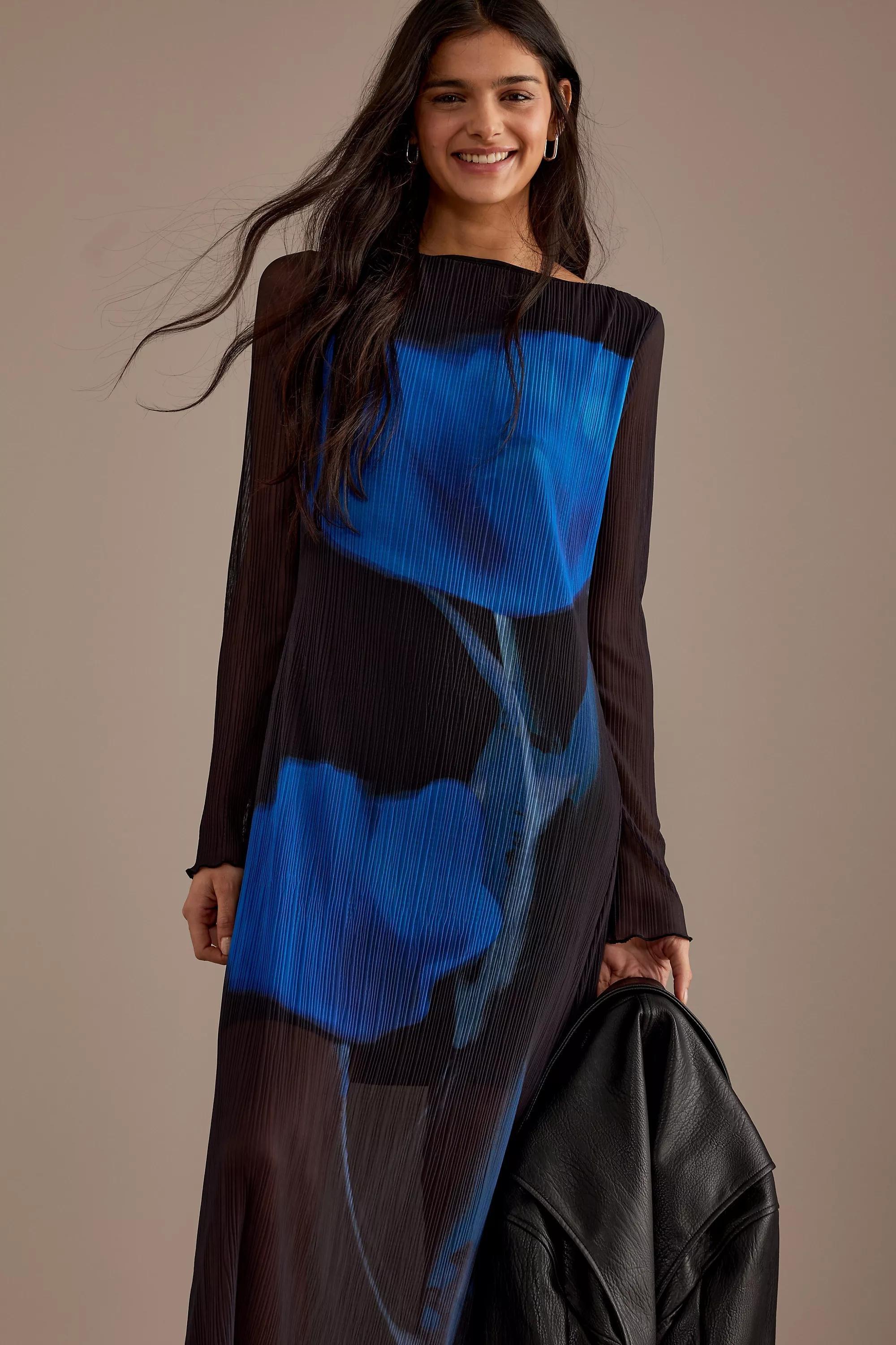 By Anthropologie Blue Tulip Long-Sleeve Plisse Maxi Dress, Black, , large image number 3