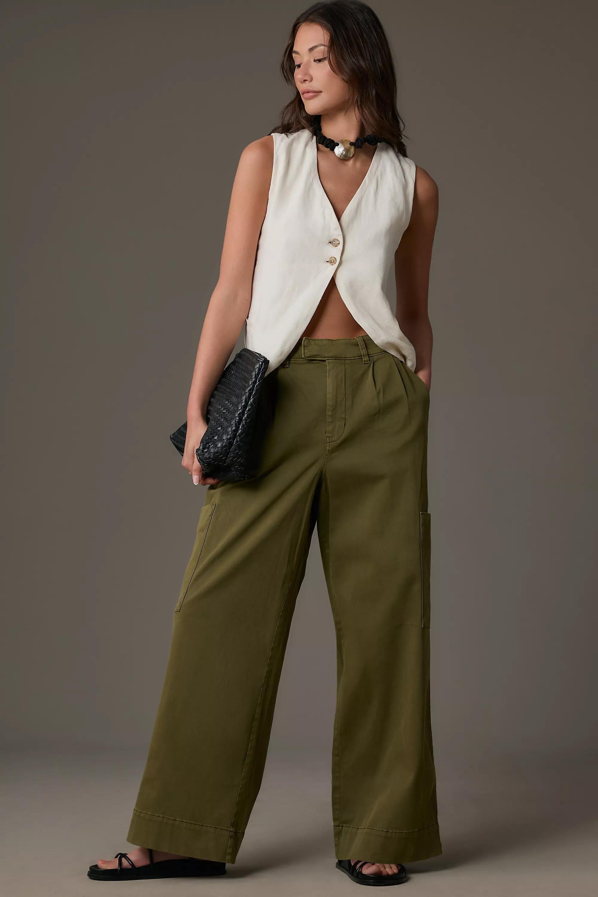 Pilcro Pleated Wide-Leg Cargo Pants, Khaki, , large image number 0