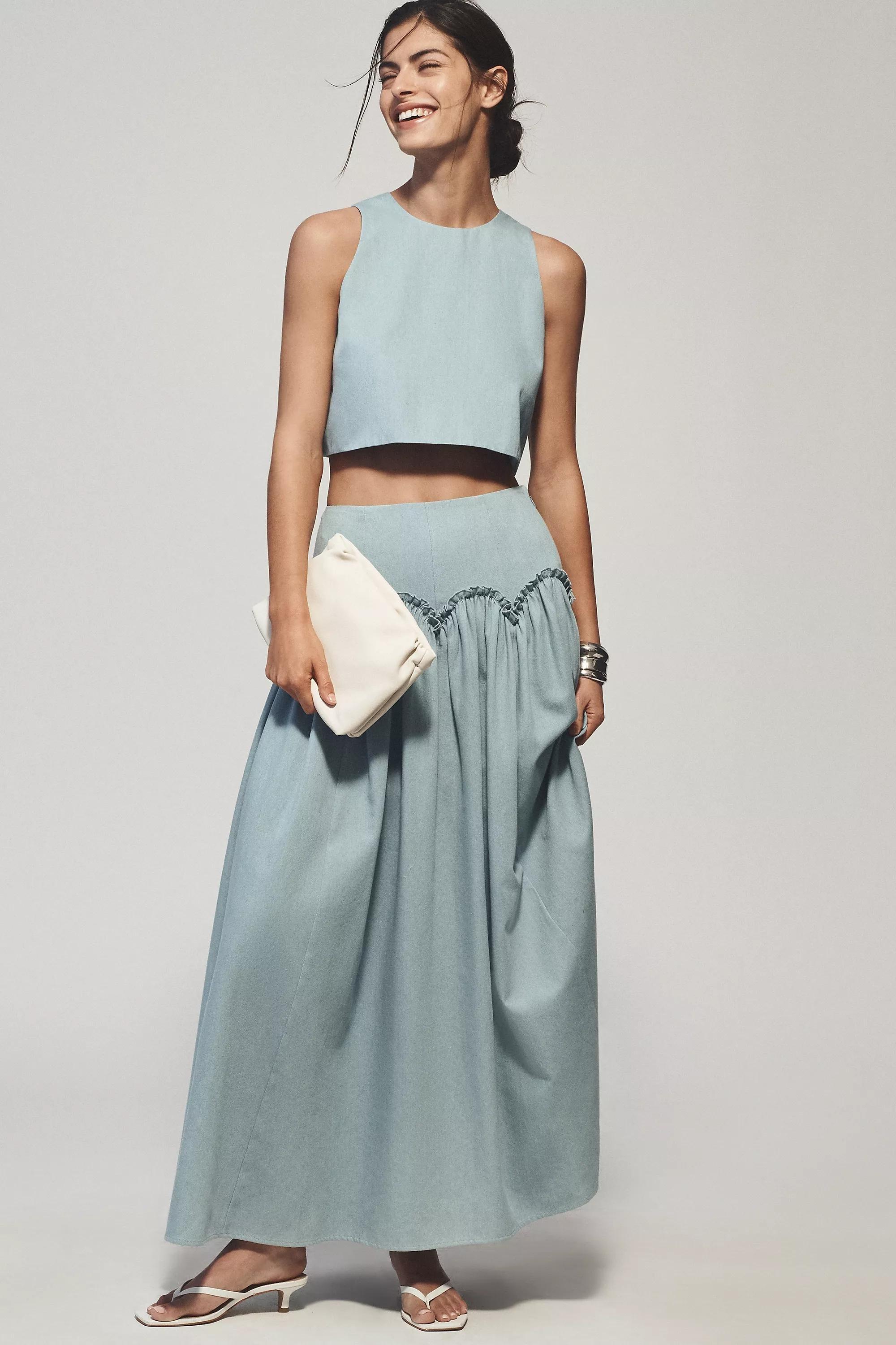 By Anthropologie Basque-Waist Maxi Skirt, Blue, , large image number 0