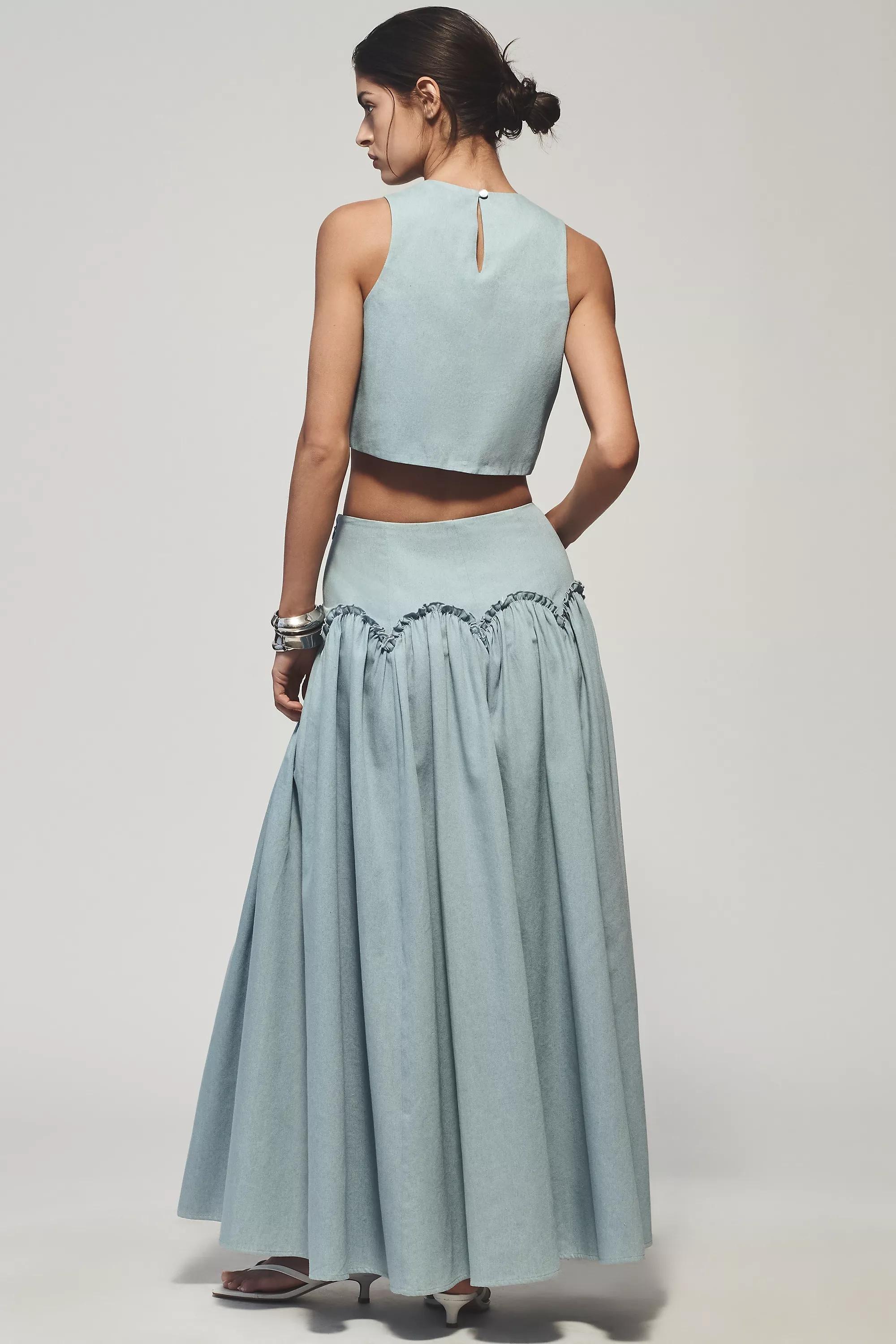 By Anthropologie Basque-Waist Maxi Skirt, Blue, , large image number 1