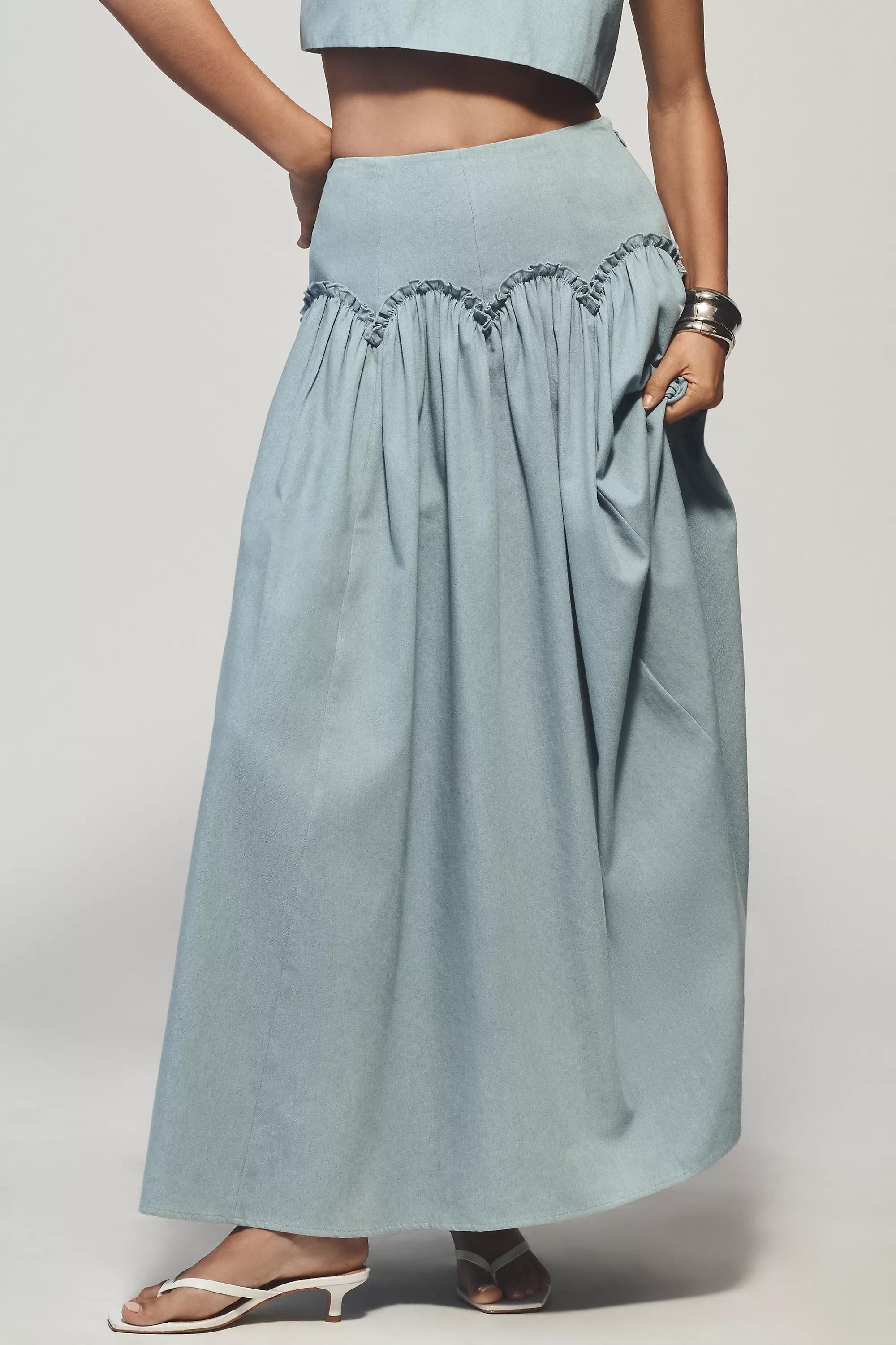 By Anthropologie Basque-Waist Maxi Skirt, Blue, , large image number 2