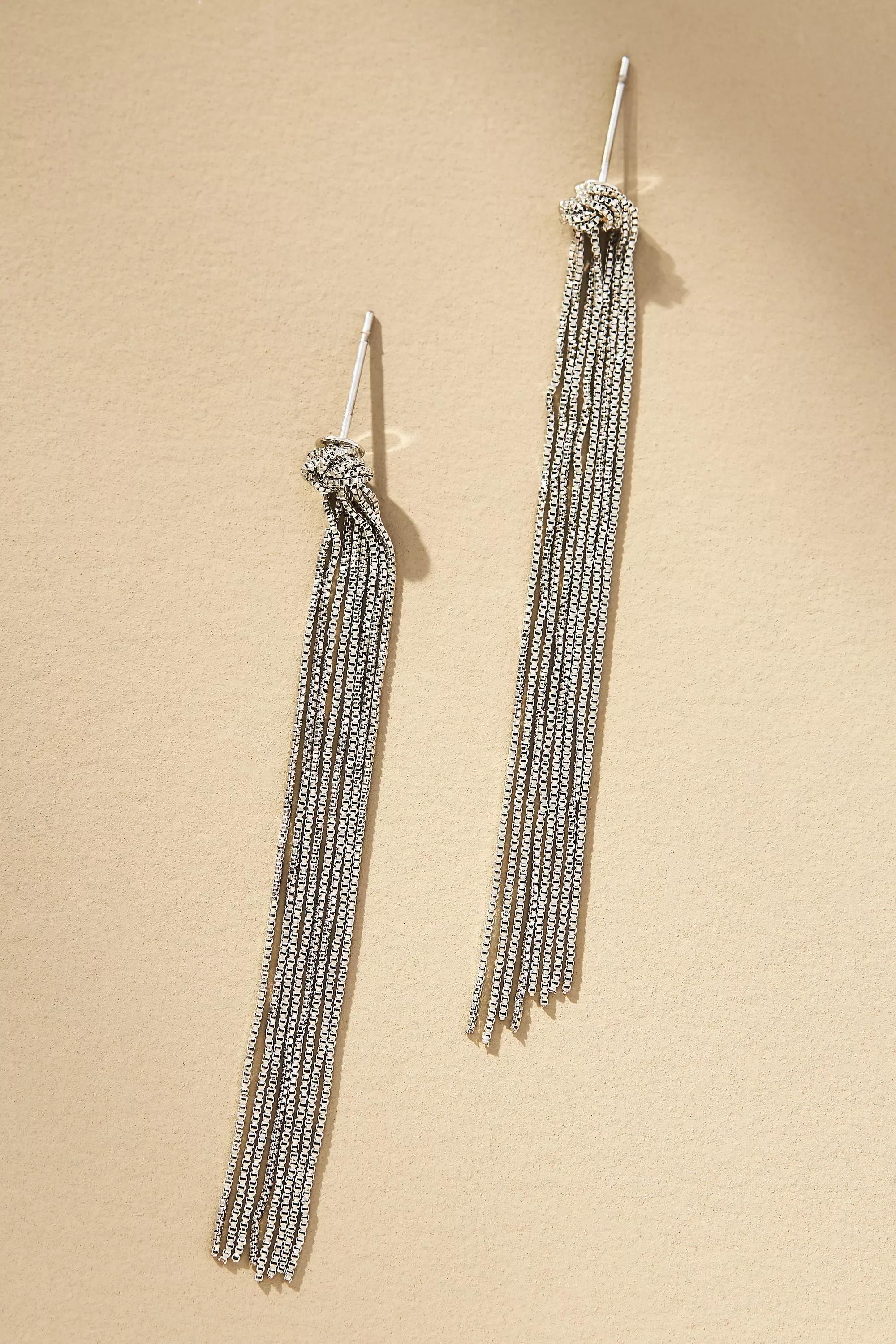 Knotted Chain Fringe Drop Earrings, Silver, , medium