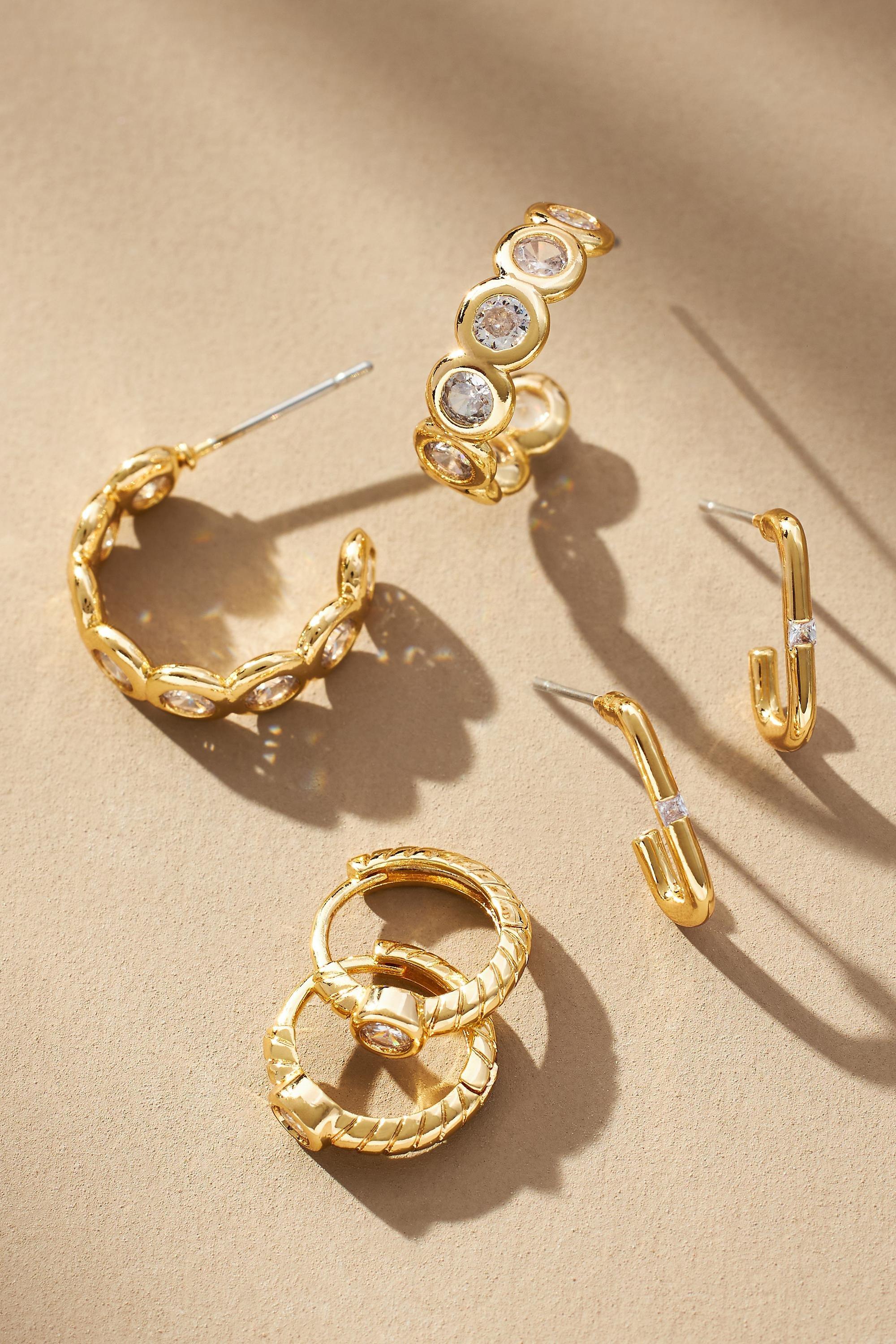 Faceted Huggie Hoop Earrings, Set Of 3, Gold-Plated, A501_0070, large image number 0