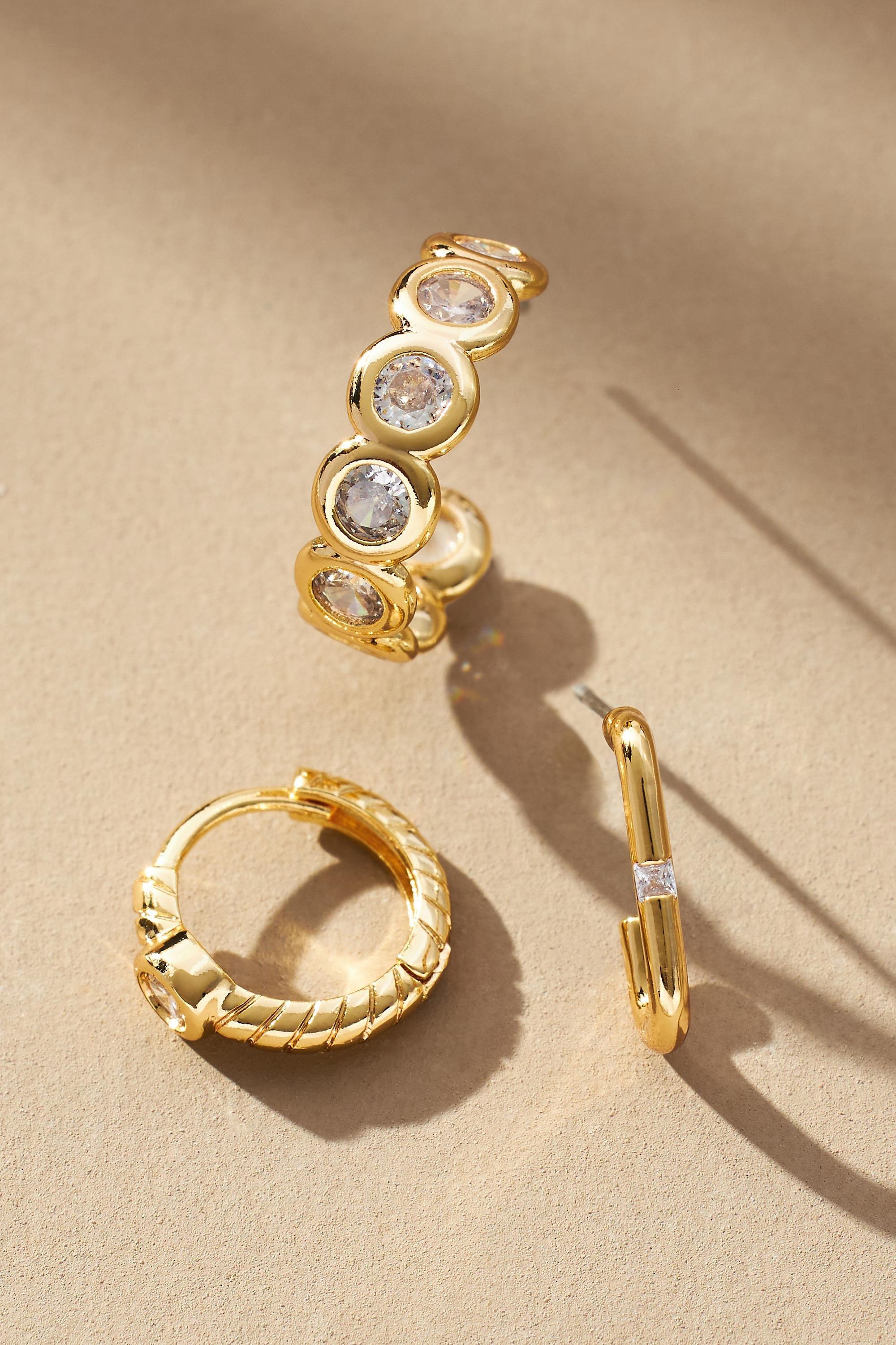 Faceted Huggie Hoop Earrings, Set Of 3, Gold-Plated, A501_0070, large image number 1