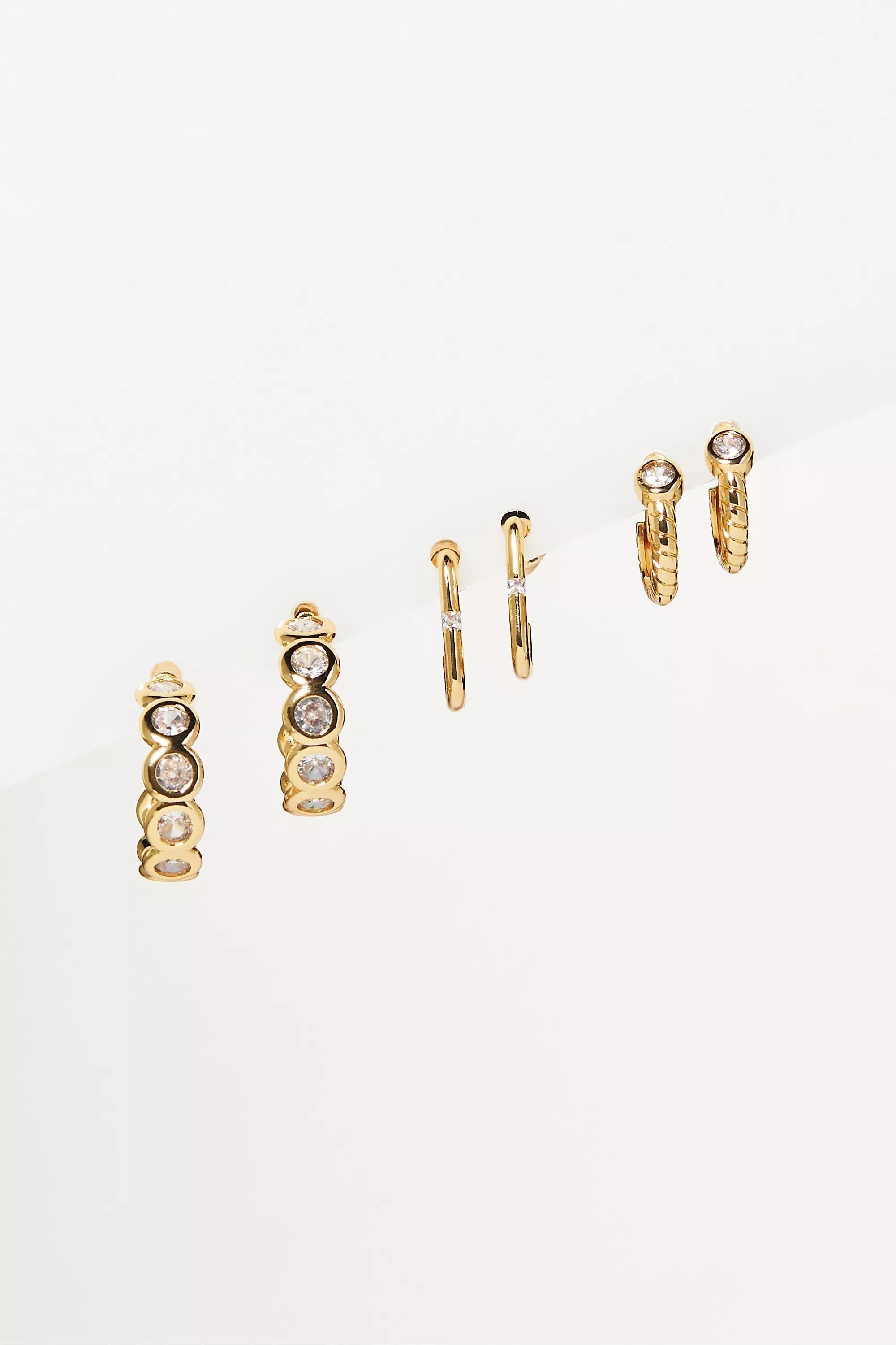 Faceted Huggie Hoop Earrings, Set Of 3, Gold-Plated, A501_0070, large image number 2
