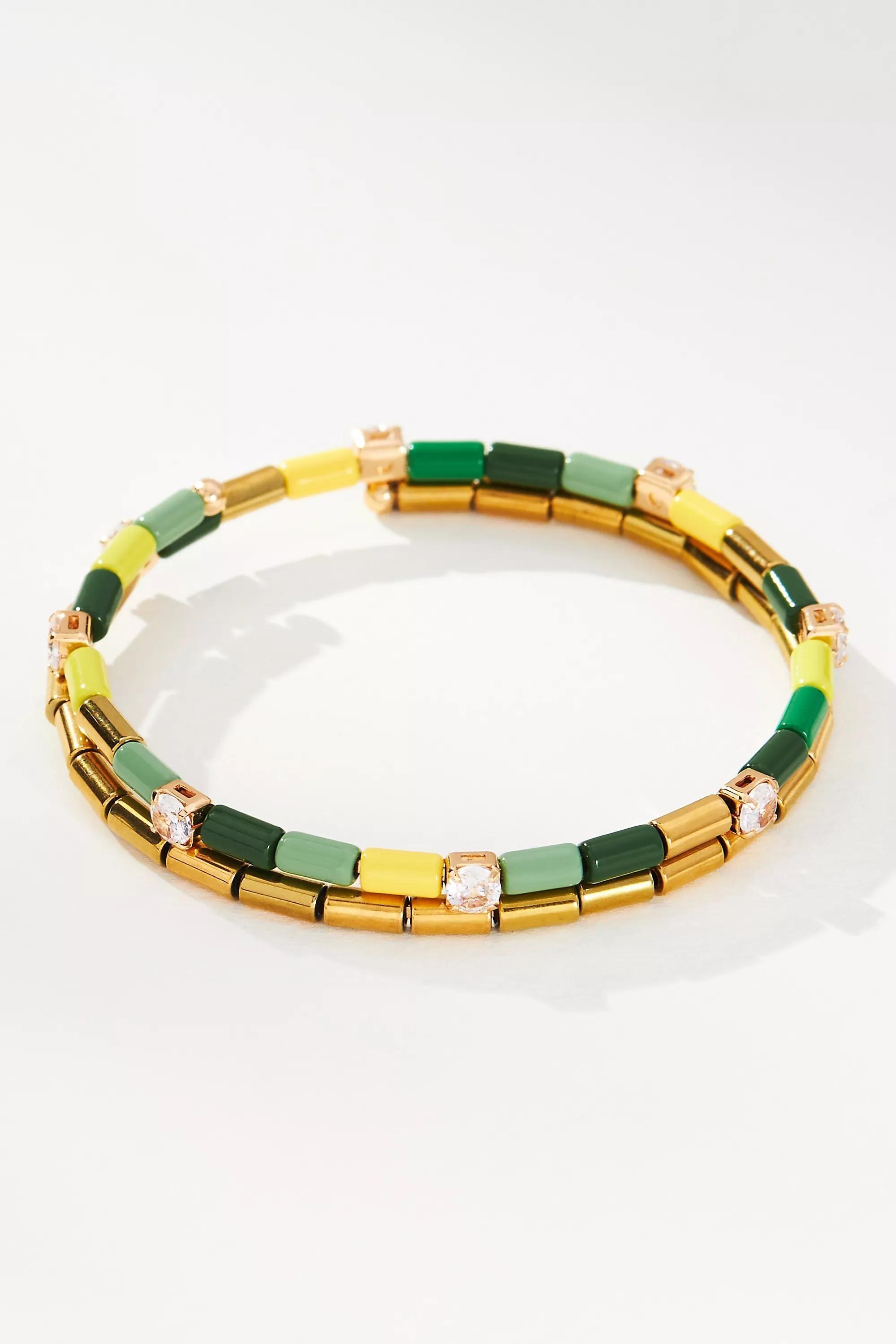 14K Gold-Plated Beaded Spiral Bracelet, Green, A501_0030, large image number 0