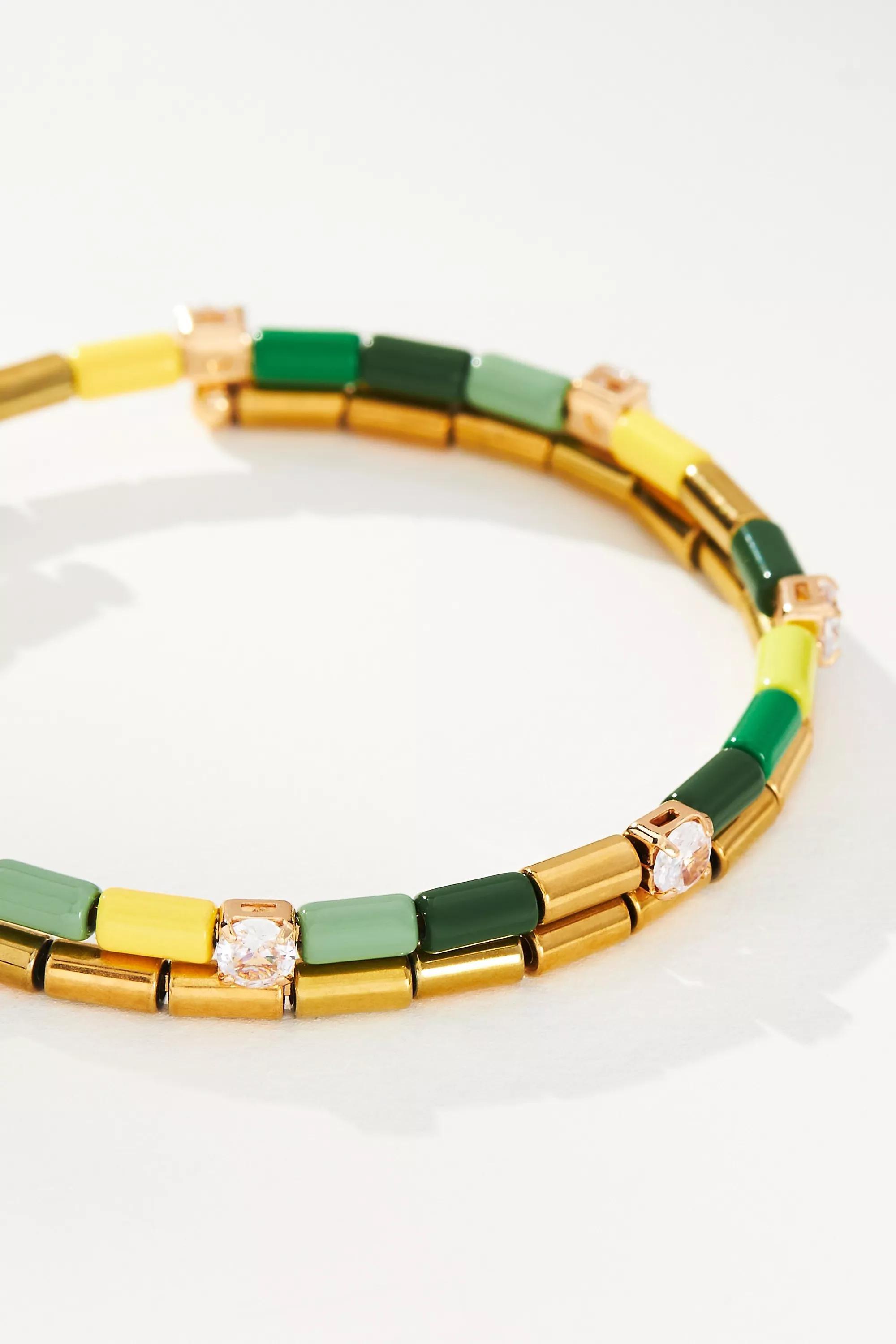 14K Gold-Plated Beaded Spiral Bracelet, Green, A501_0030, large image number 1