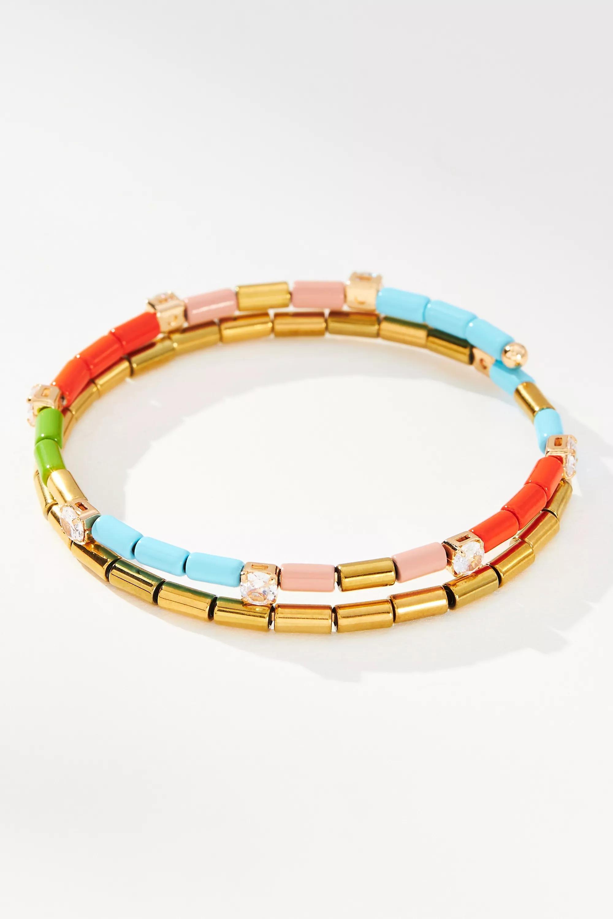 Anthropologie 14K Gold-Plated Beaded Spiral Bracelet, Blue