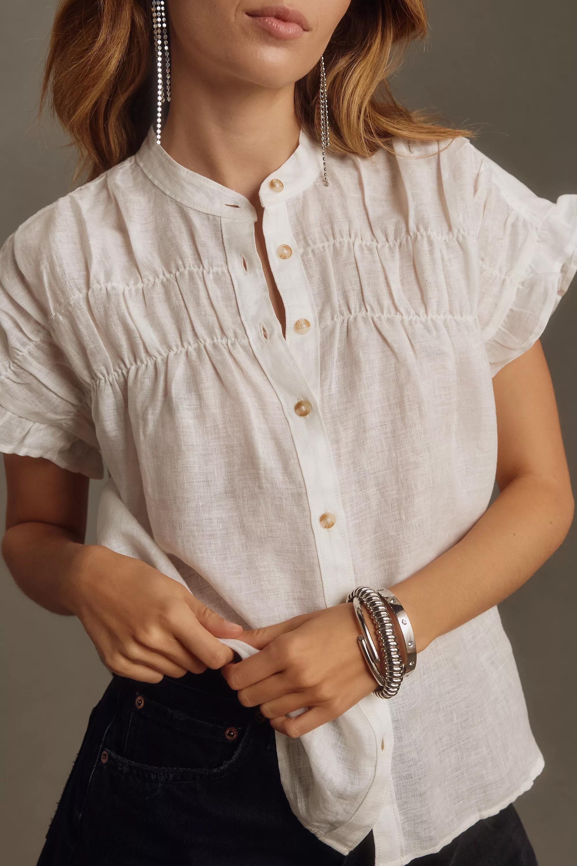 Pilcro Short-Sleeve Smocked Button-Front Blouse, White, , large image number 5