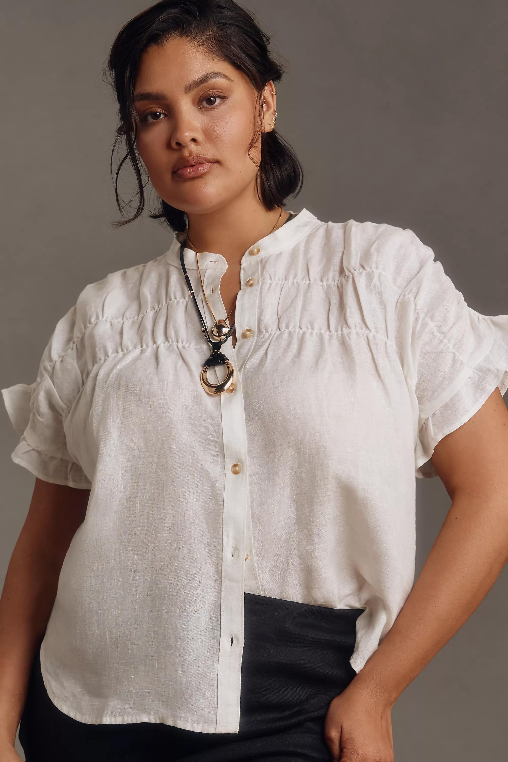 Pilcro Short-Sleeve Smocked Button-Front Blouse, White, , large image number 6