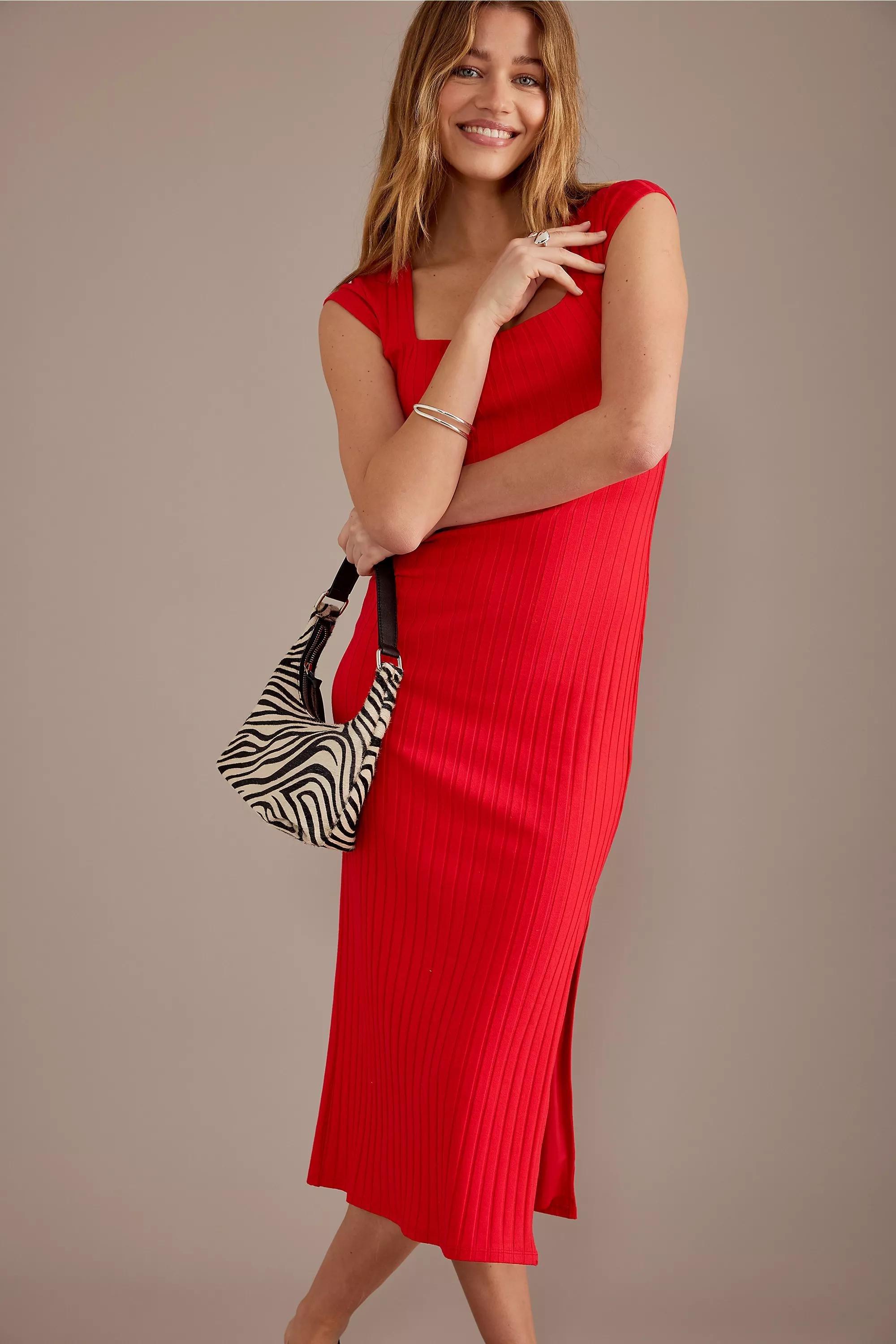 Ribbed Midi Dress, Red, , large image number 2