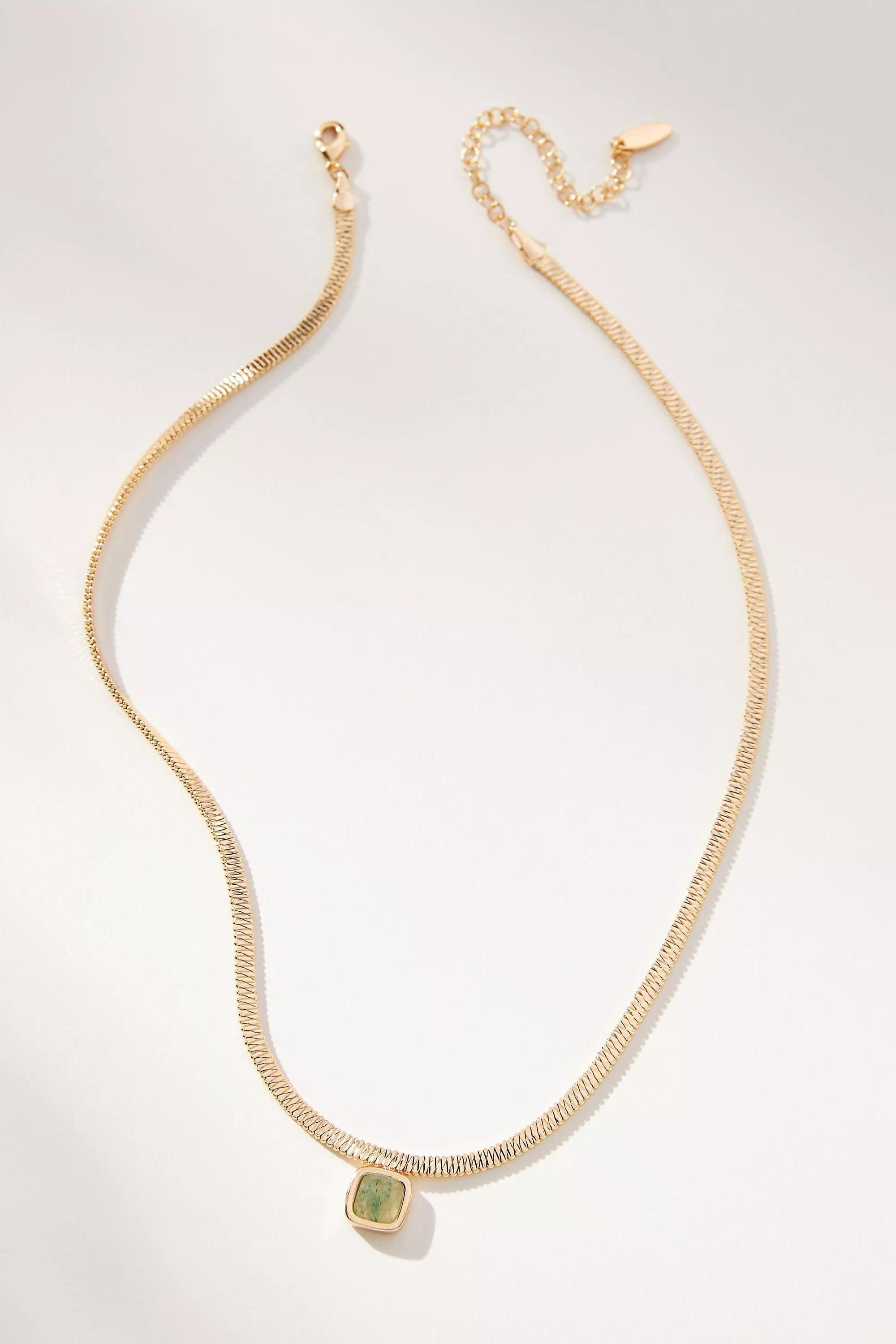 14K Gold-Plated Herringbone Stone Necklace, Green, A501_0102, large image number 0