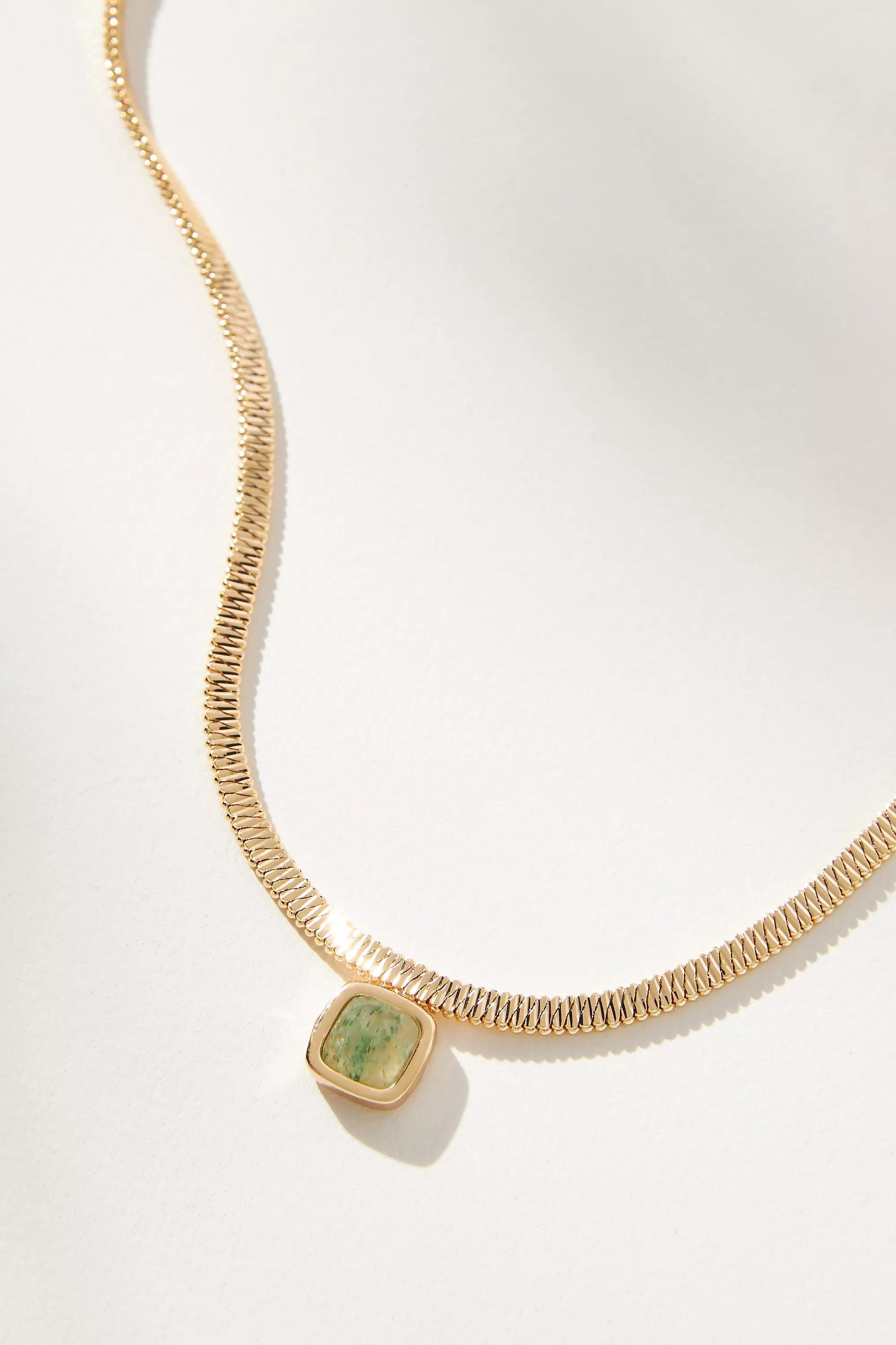 14K Gold-Plated Herringbone Stone Necklace, Green, A501_0102, large image number 1