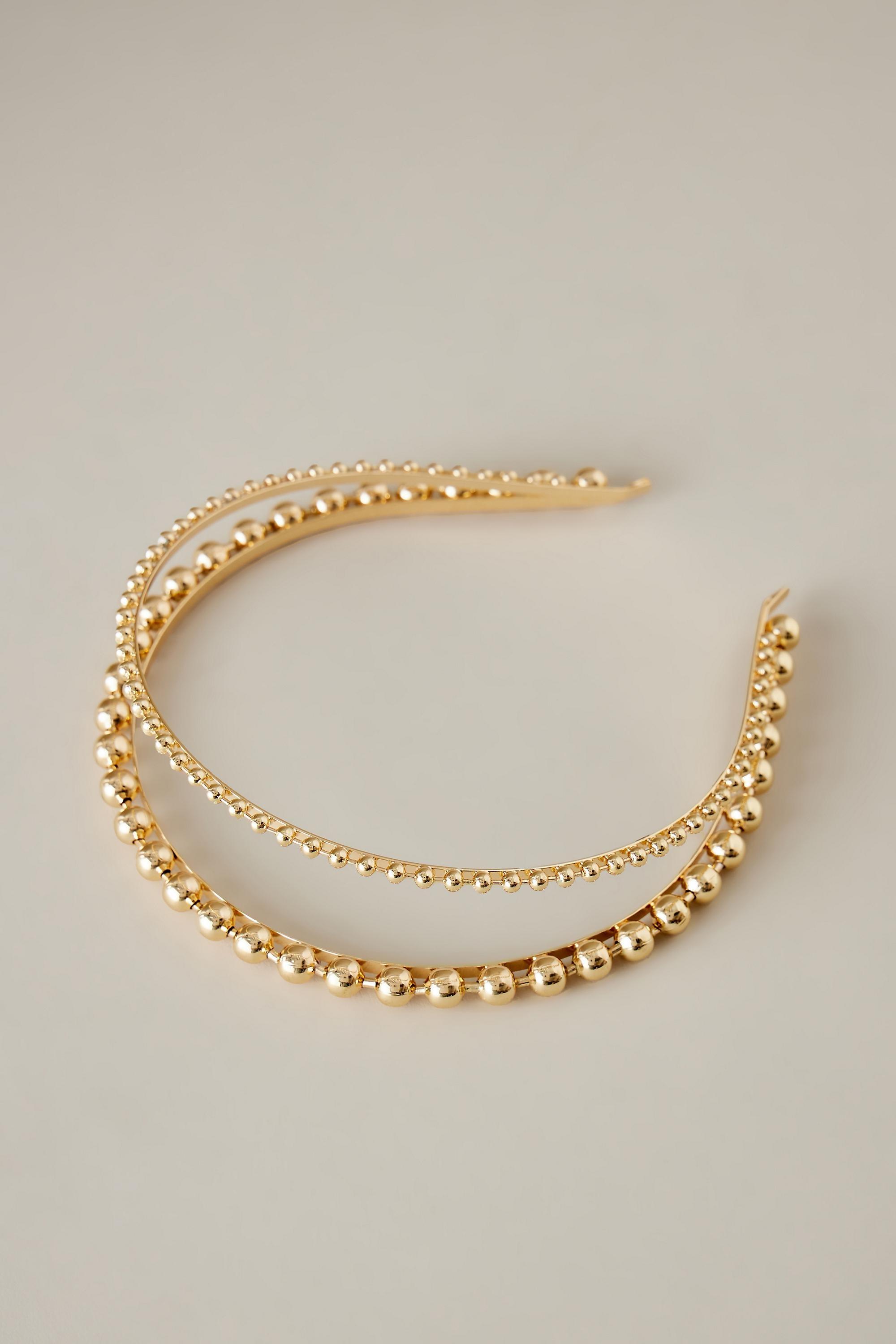Pearl Double Row Headband, Gold, A501_0070, large image number 0