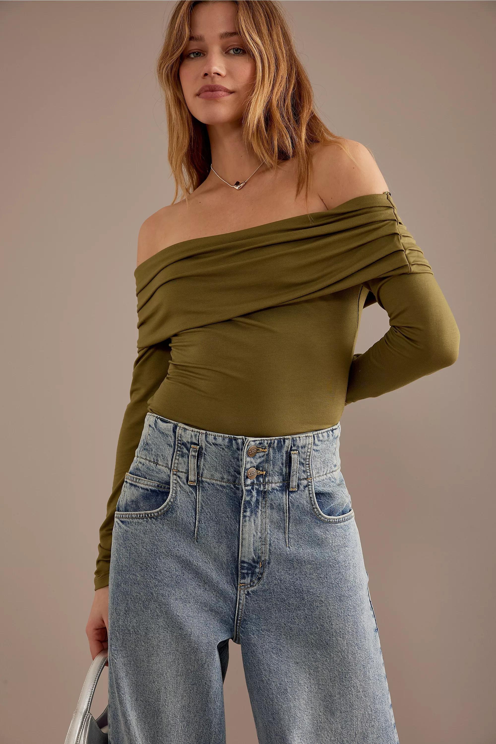 Long-Sleeve Bardot Off-Shoulder Top, Khaki, , large image number 0