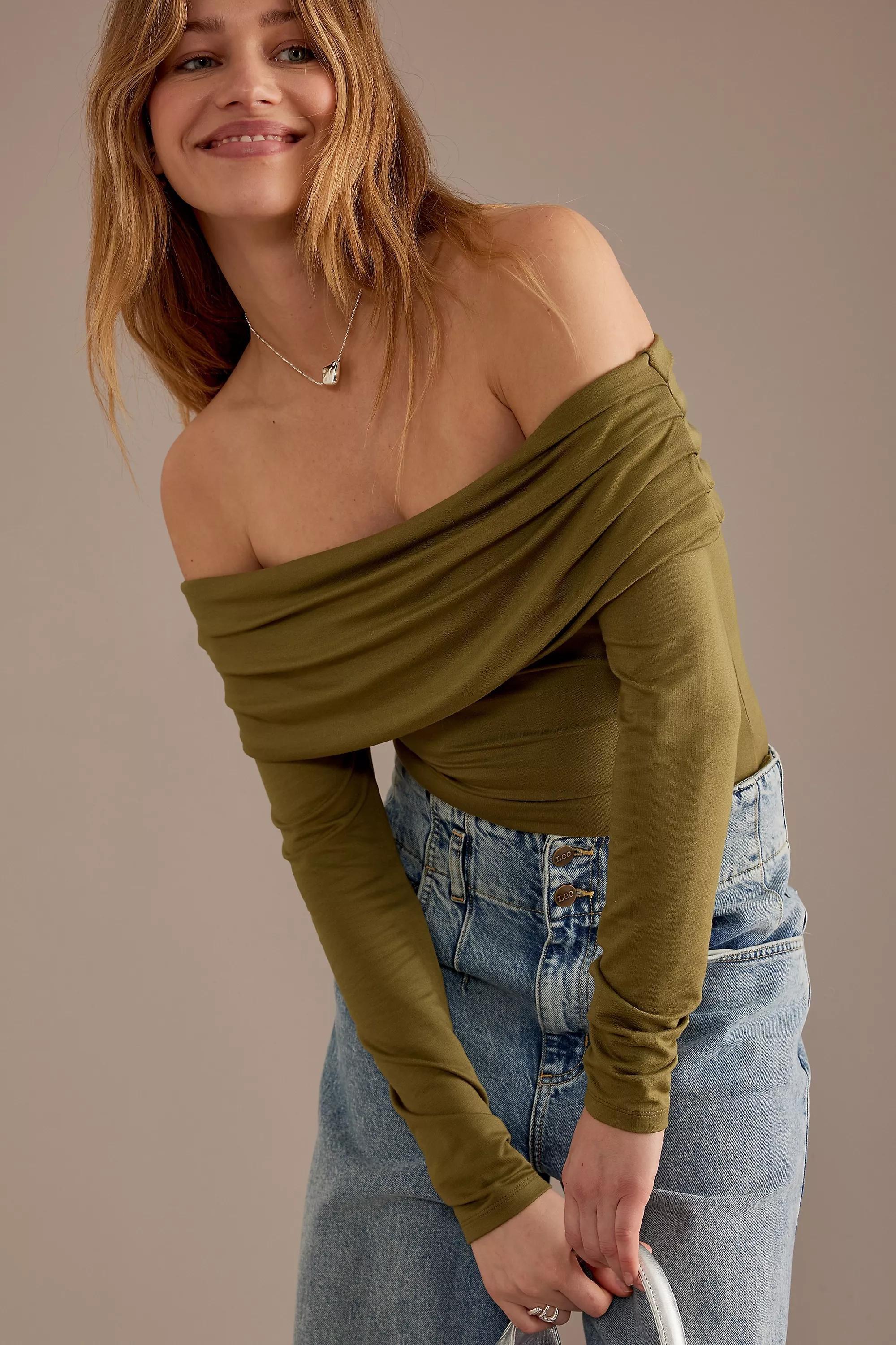 Long-Sleeve Bardot Off-Shoulder Top, Khaki, , large image number 2