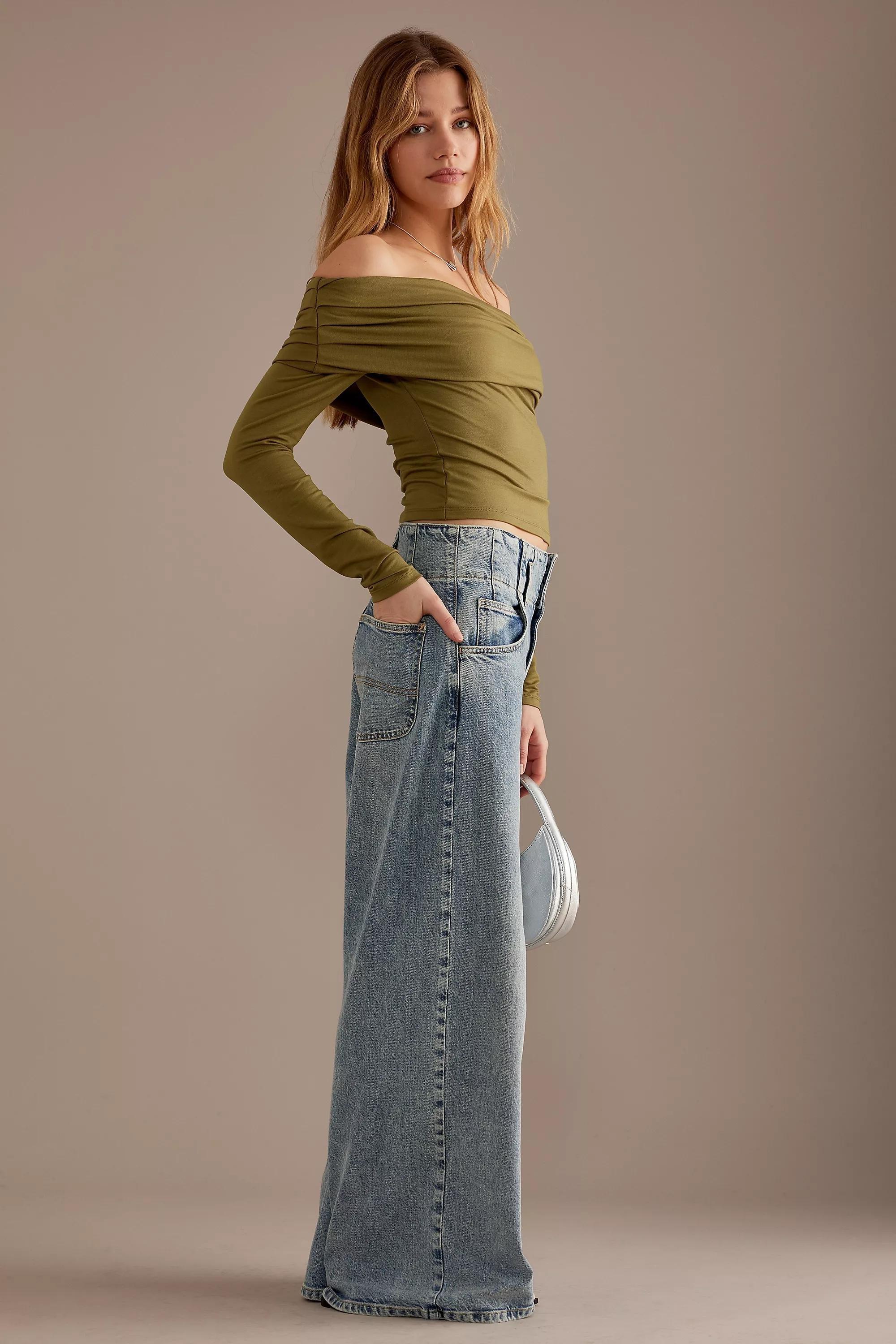 Long-Sleeve Bardot Off-Shoulder Top, Khaki, , large image number 3