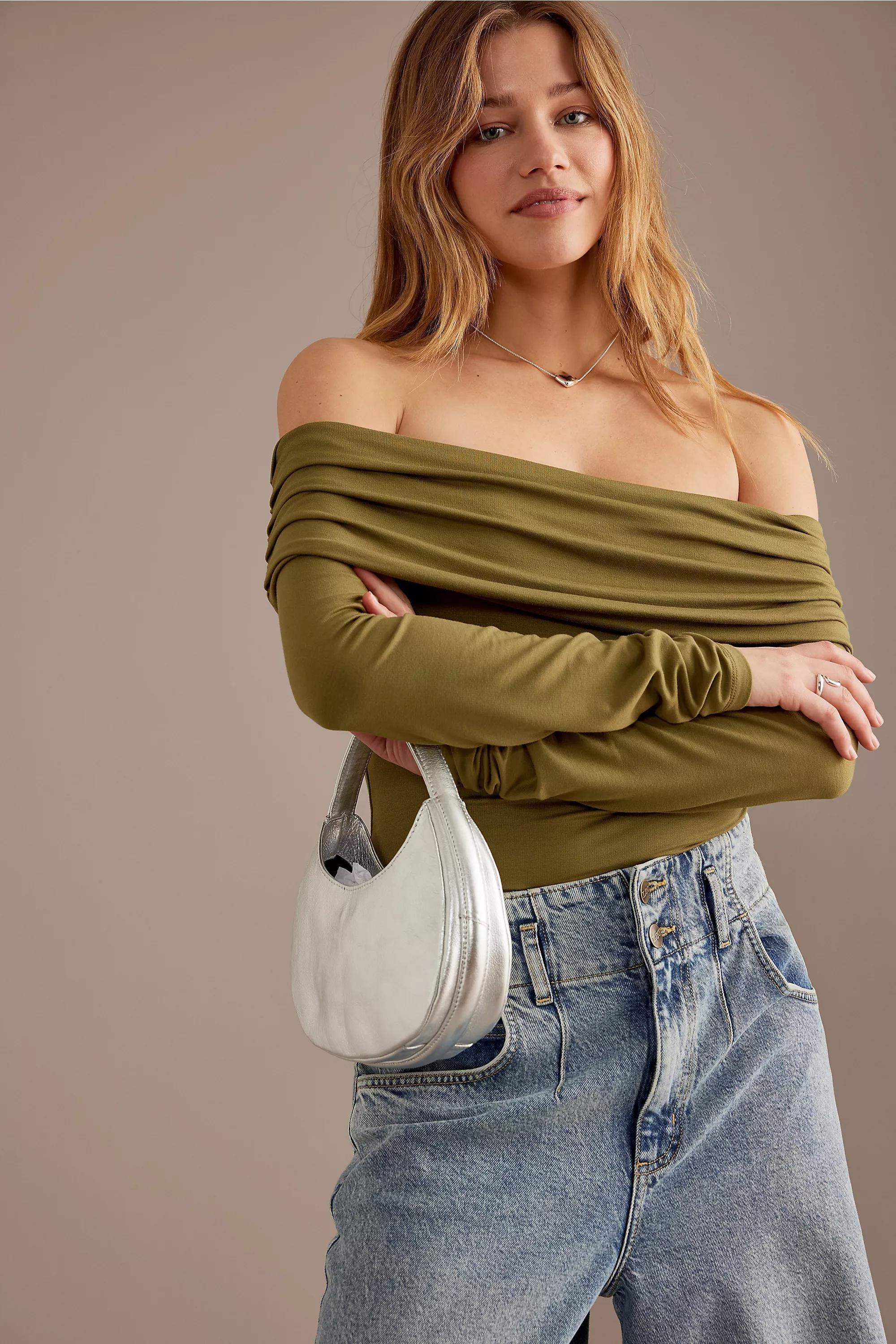 Long-Sleeve Bardot Off-Shoulder Top, Khaki, , large image number 4
