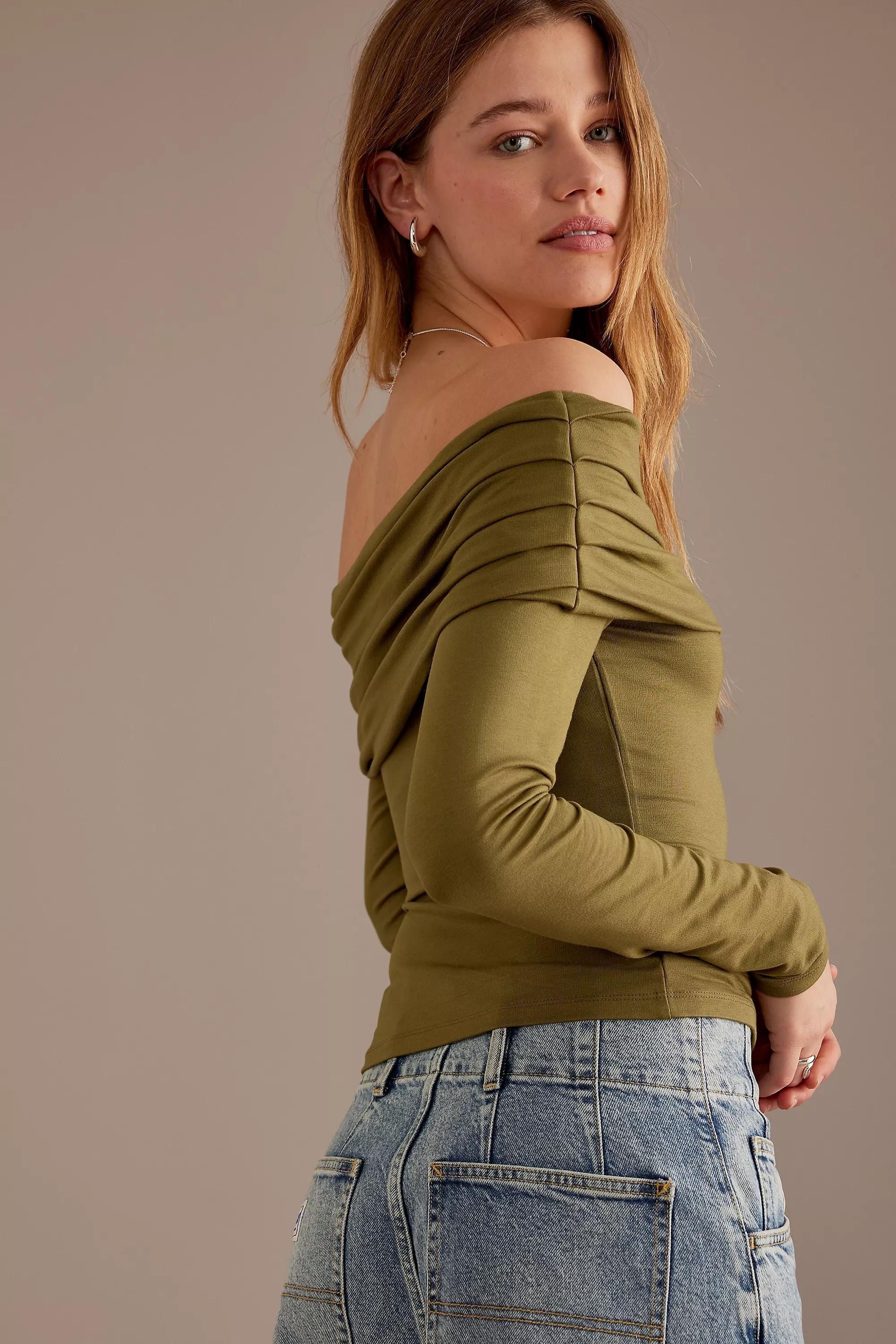 Long-Sleeve Bardot Off-Shoulder Top, Khaki, , large image number 5